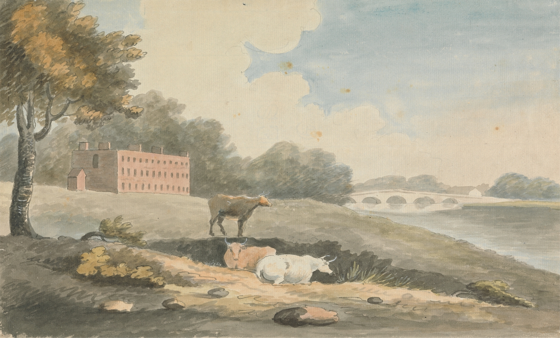 Pastural by Edward Francis Burney, oil on canvas depicting tranquil hills and soft light.