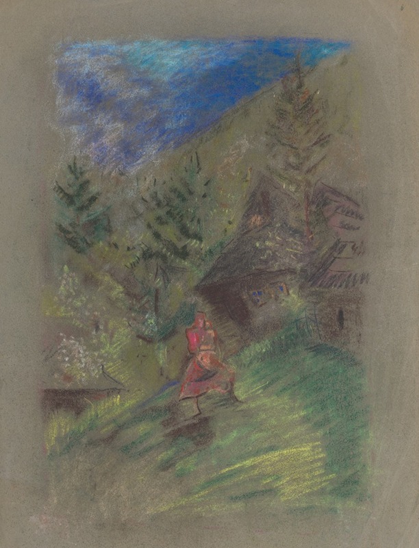 A woman holds a child in front of cottages, showcasing a serene rural scene.