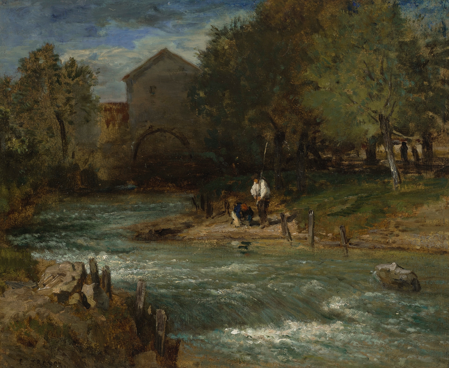 Mill Stream with Fishermen by Constant Troyon, realism, depicting fishermen by a river in a forest.