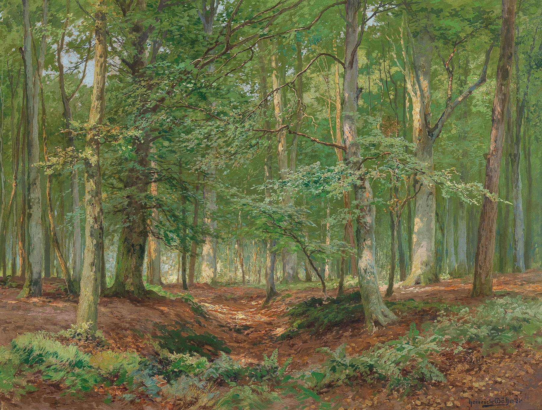Forest glade with dappled sunlight, oil on canvas by Heinrich Böhmer