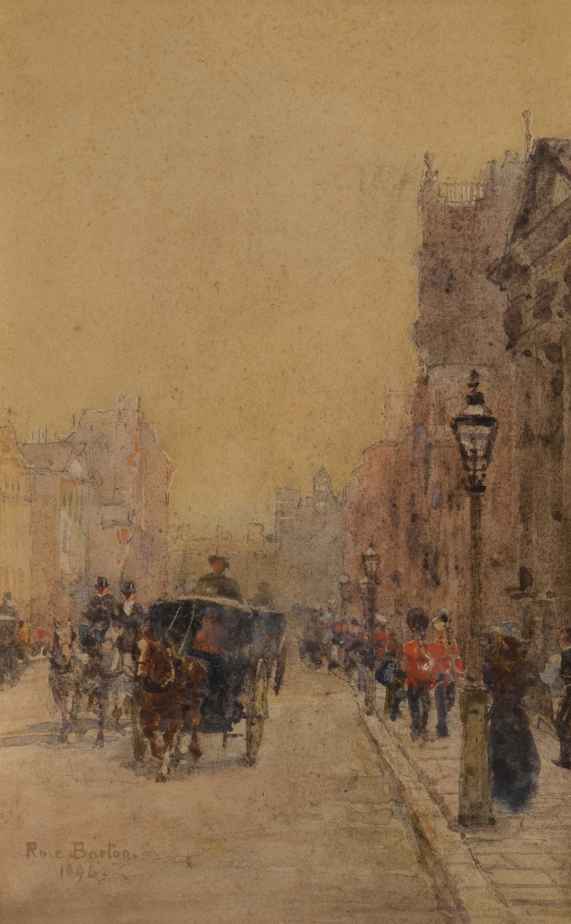 Genre scene with elegantly dressed figures on St James’s Street, London, by Rose Barton, oil painting