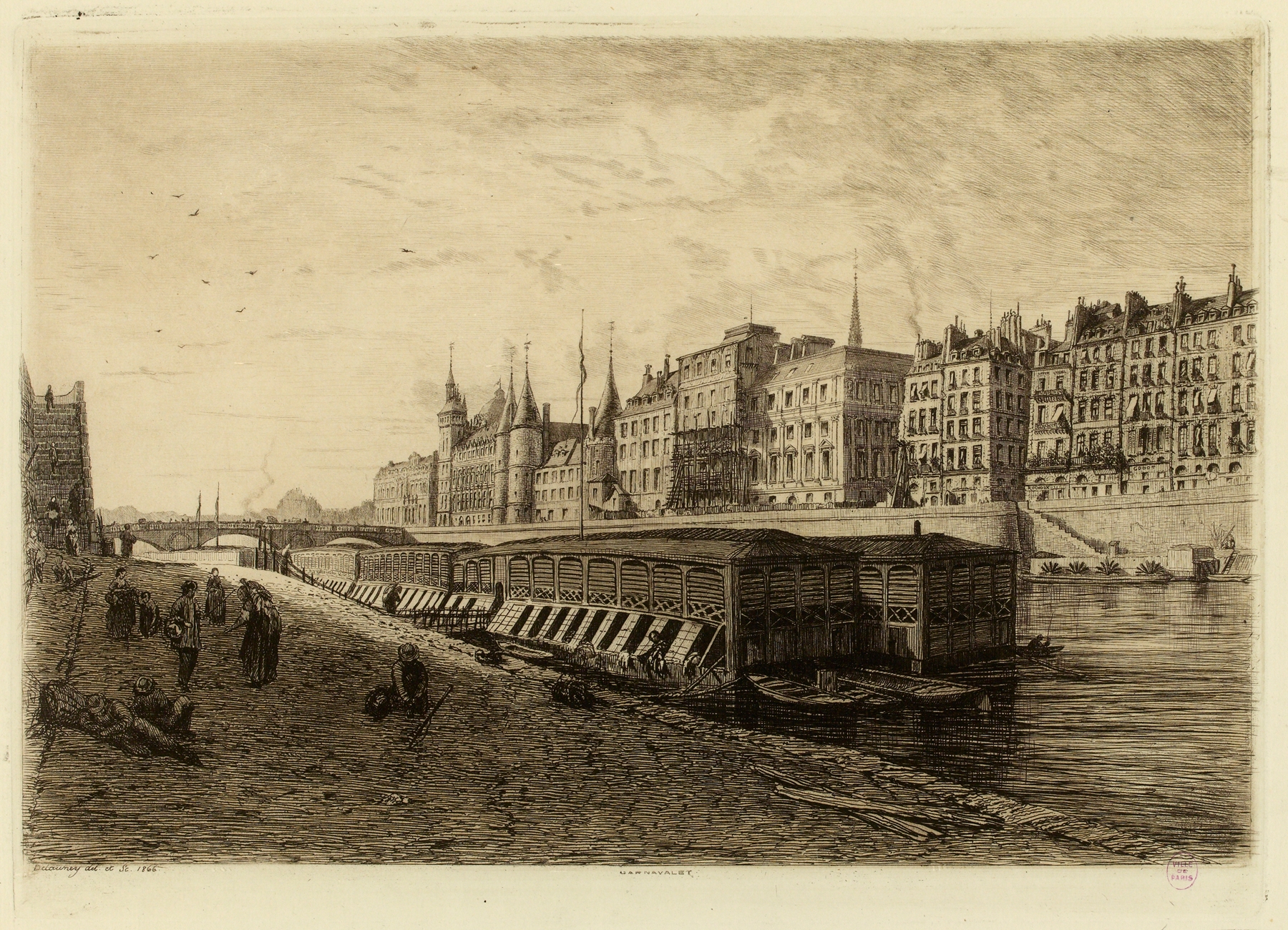 Landscape oil painting by Alfred Alexandre Delauney featuring a river and architecture.