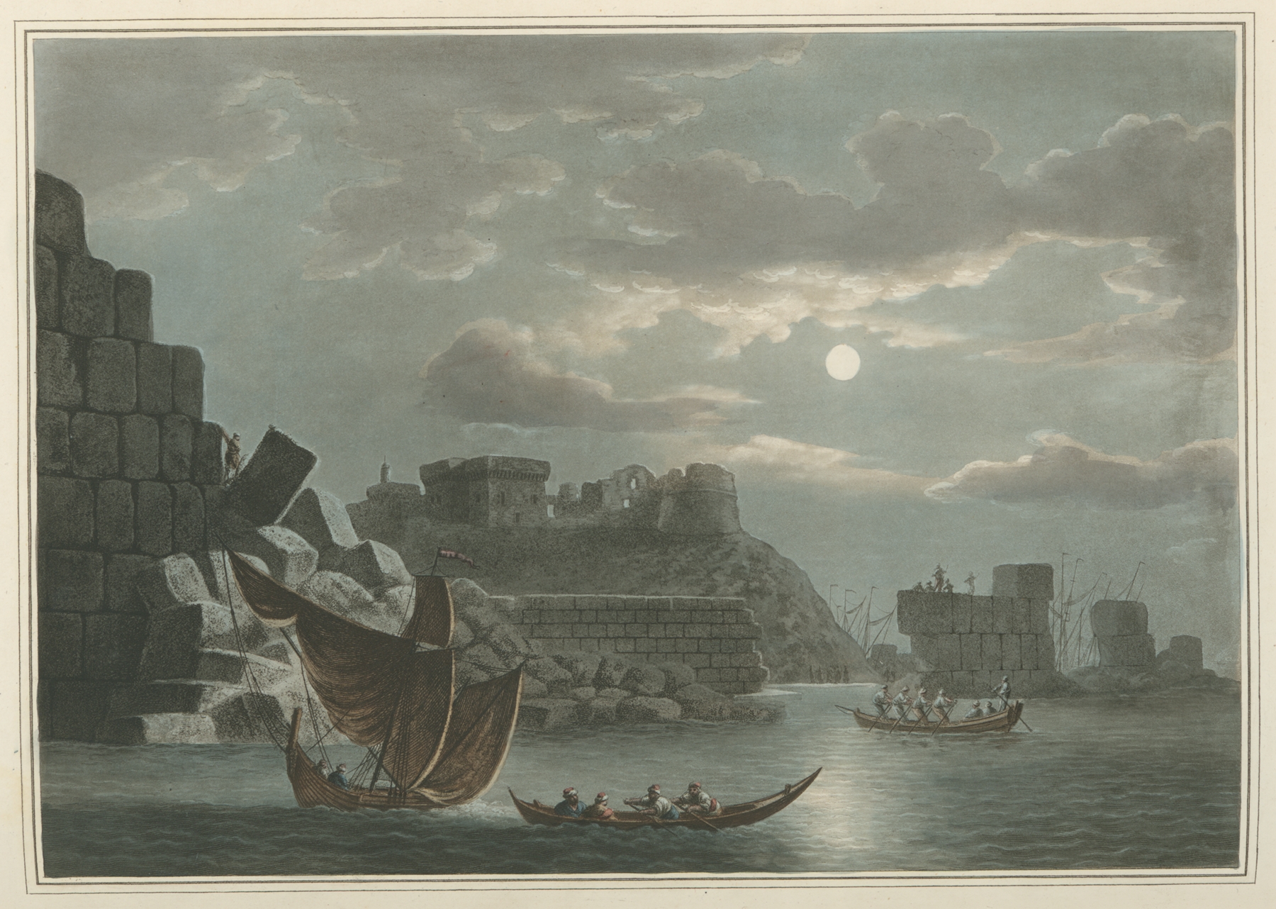 The Island of Tortosa by Luigi Mayer, watercolor on paper depicting a serene landscape with water and trees.
