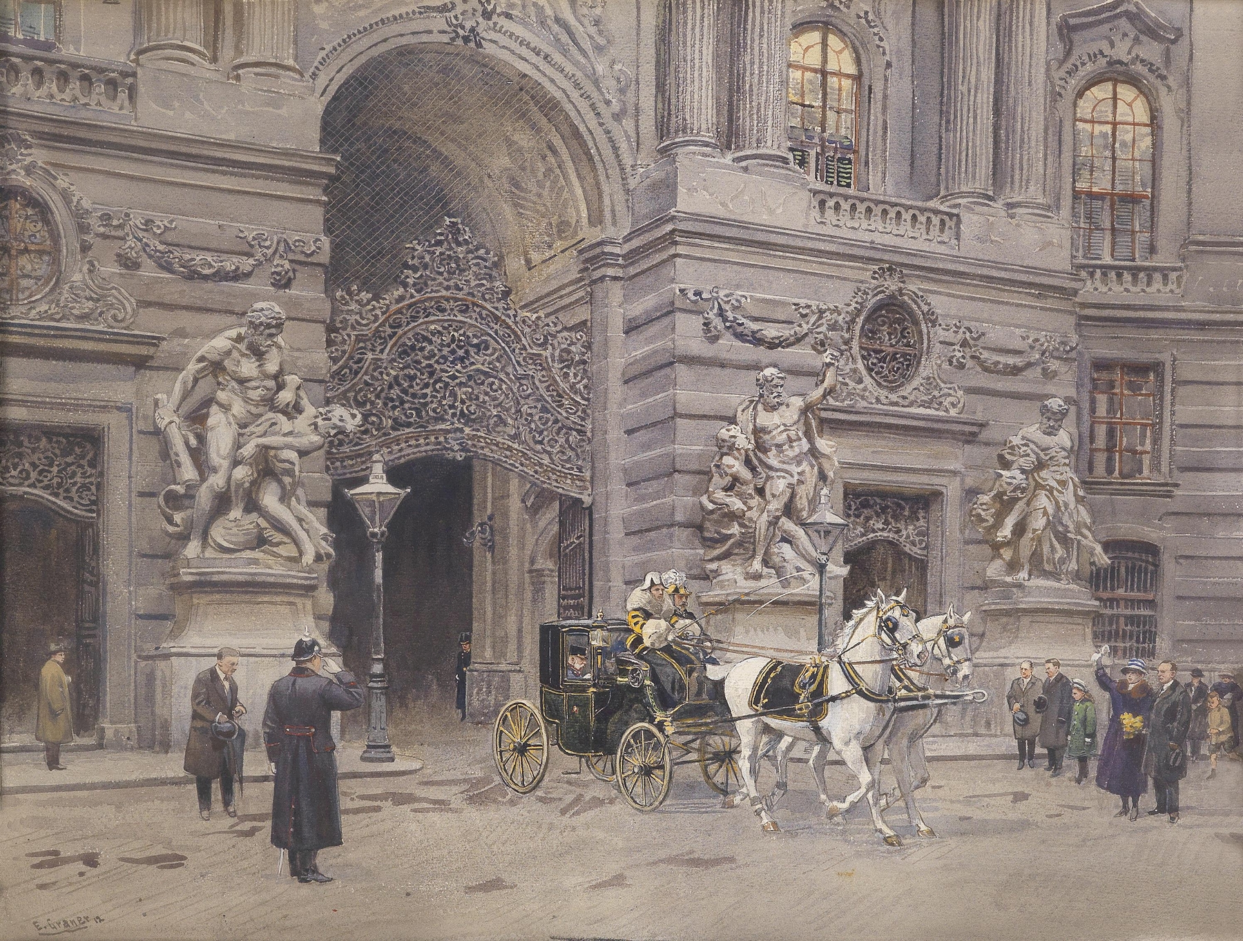 Historical scene depicting Emperor Franz Joseph in a carriage by Ernst Graner