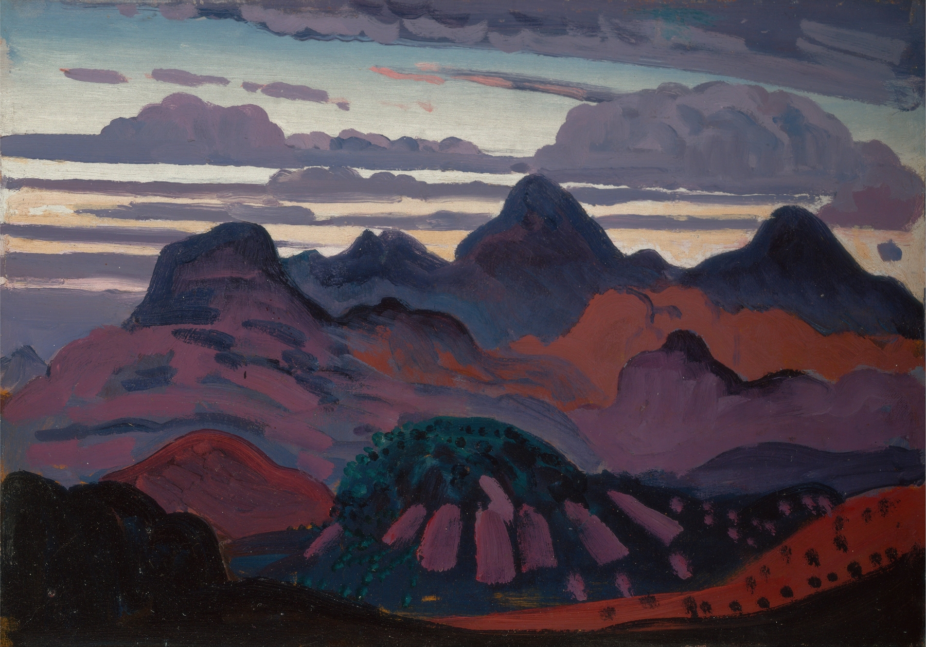 Oil painting by James Dickson Innes depicting twilight over the Pyrenees