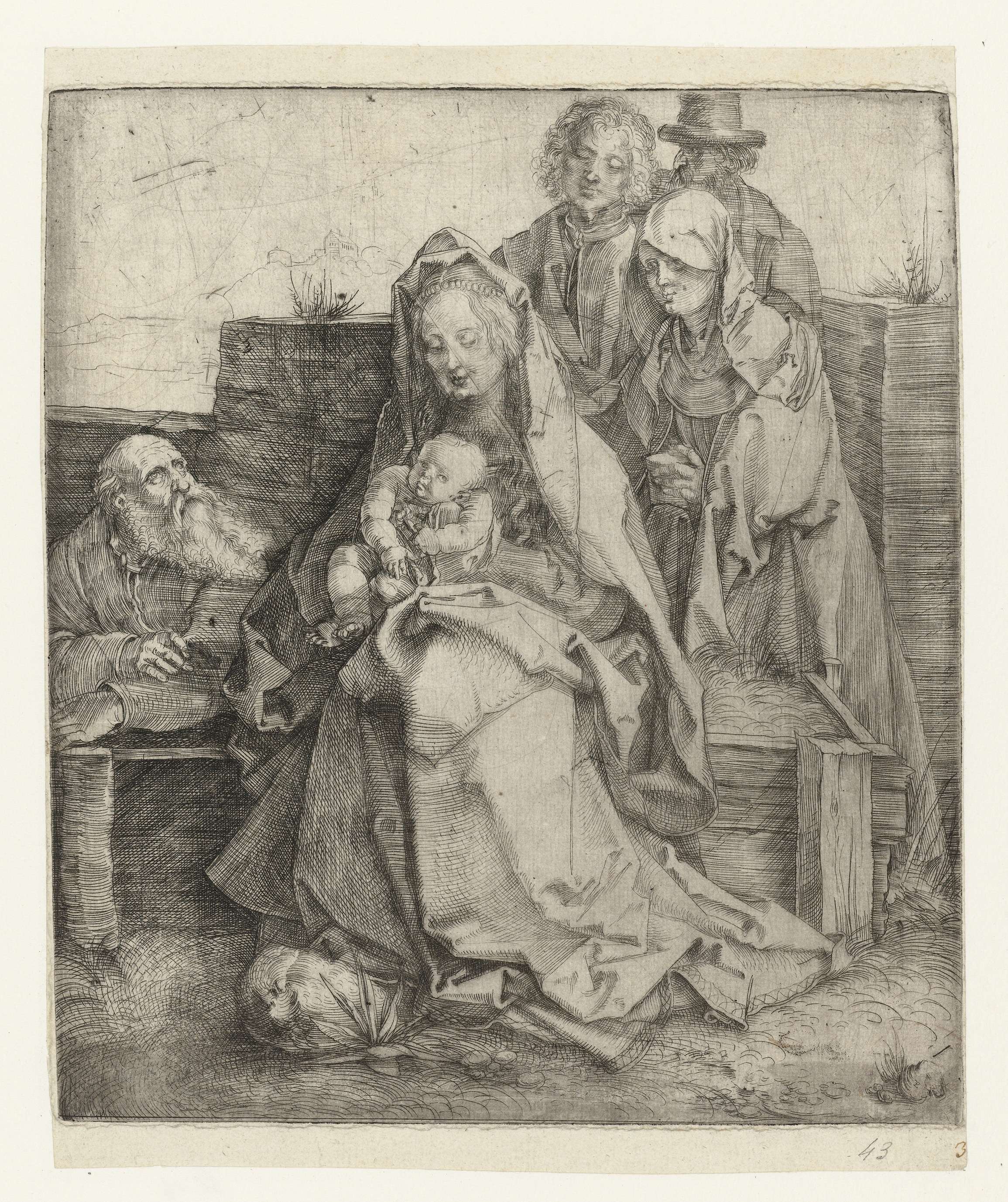 De Heilige Familie met Johannes de Evangelist, drypoint by Albrecht Dürer
