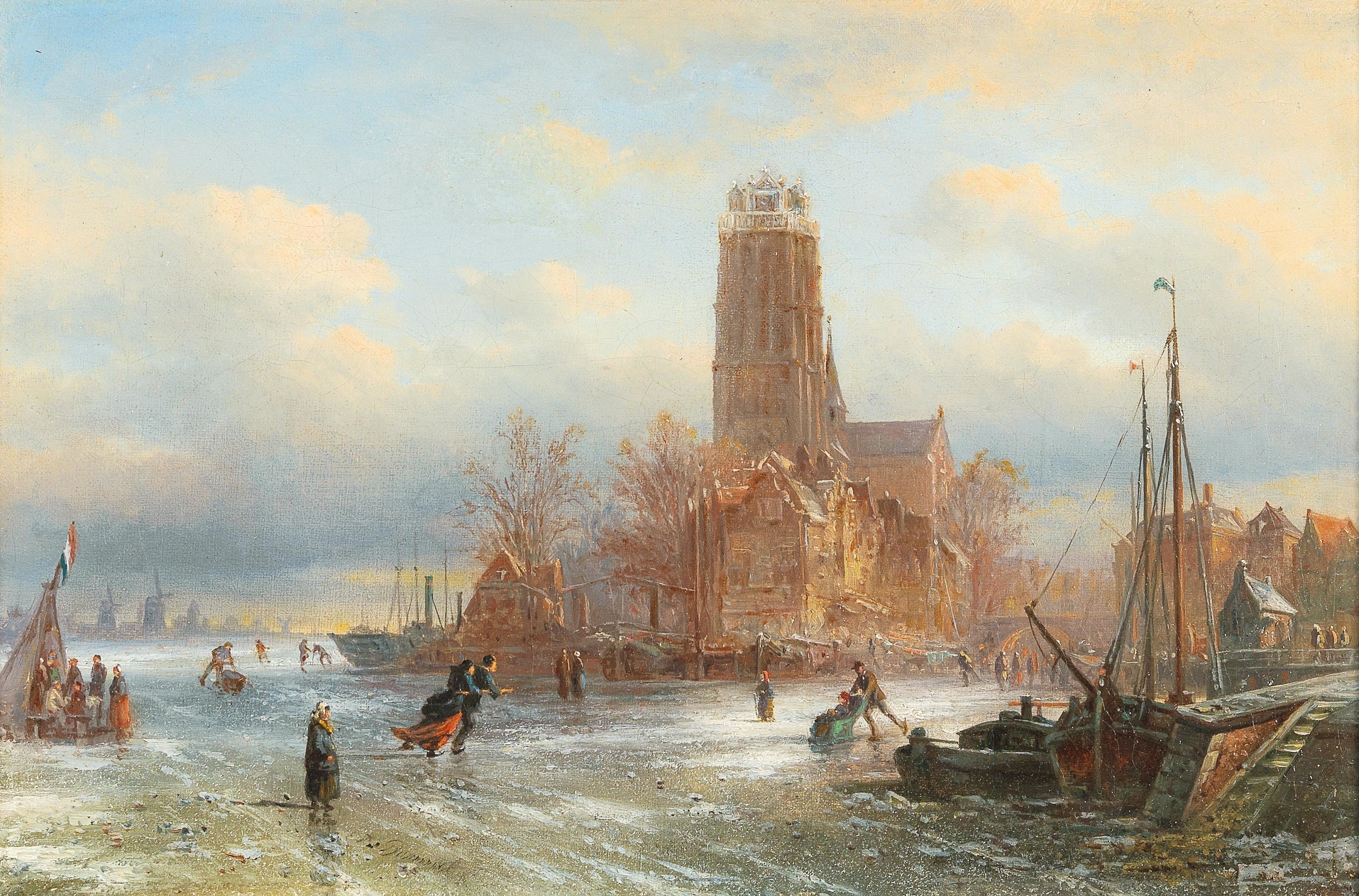 Motif of Dordrecht by Elias Pieter van Bommel, oil on canvas depicting a tranquil village by the river at dusk.