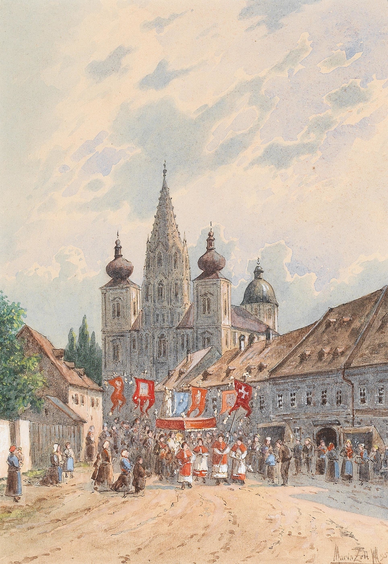 Corpus Christi procession in Maria Zell by Vincenz Havlicek, depicting a priest and crowd in golden light.