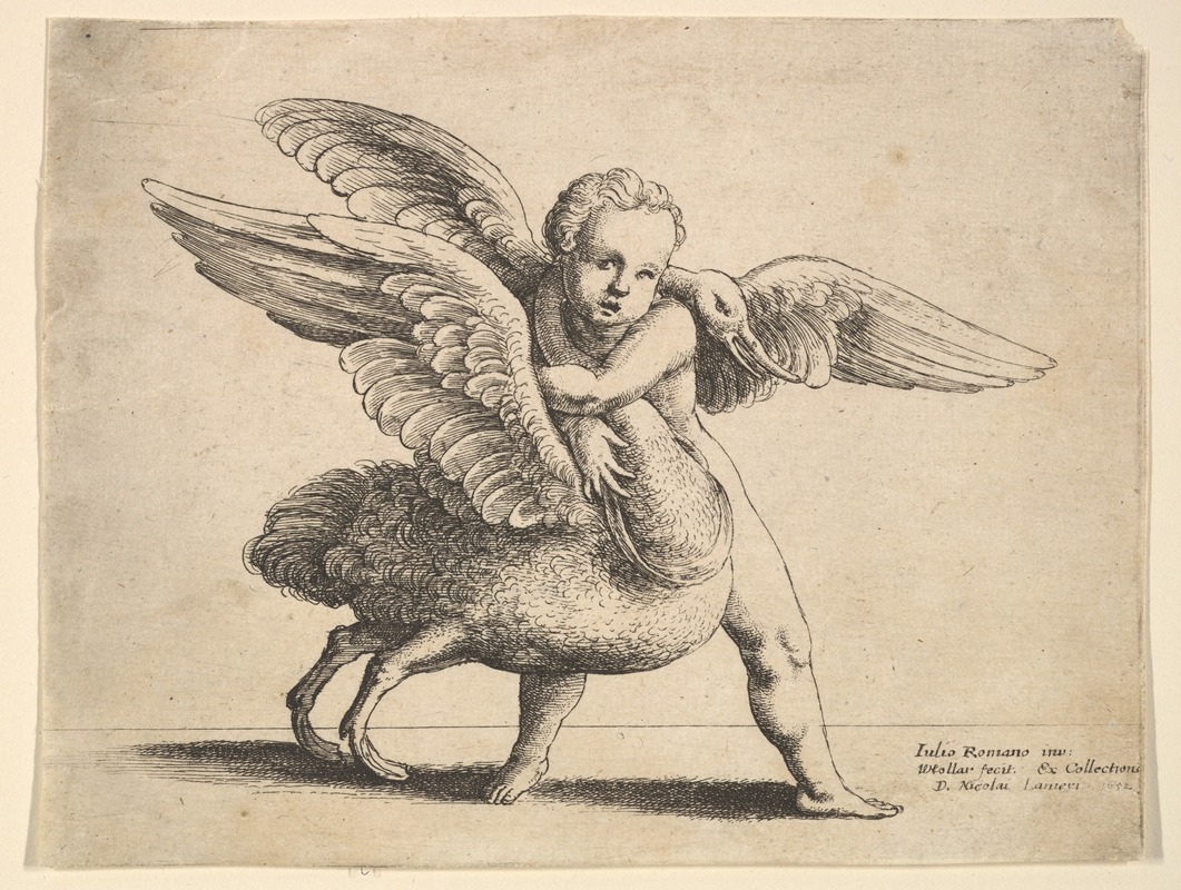 A depiction of Cupid interacting with a swan in a serene setting.