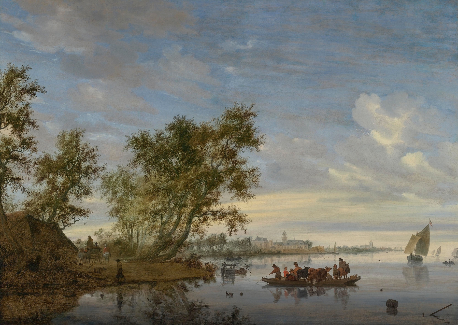 Ferry boat with cattle on the River Vecht, oil painting by Jacob Salomonsz. van Ruysdael