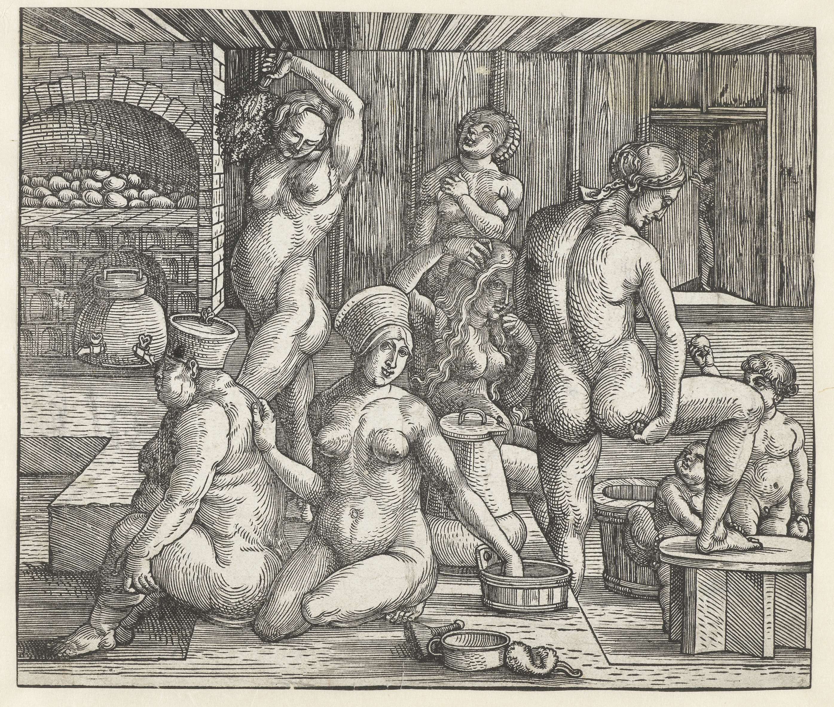 Women bathing in a pond, etching by Hans Springinklee