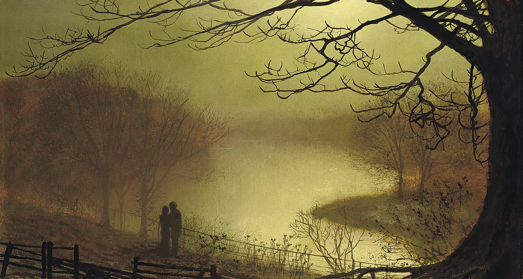 Roundhay Lake, oil on canvas by John Atkinson Grimshaw, depicting a tranquil twilight scene.