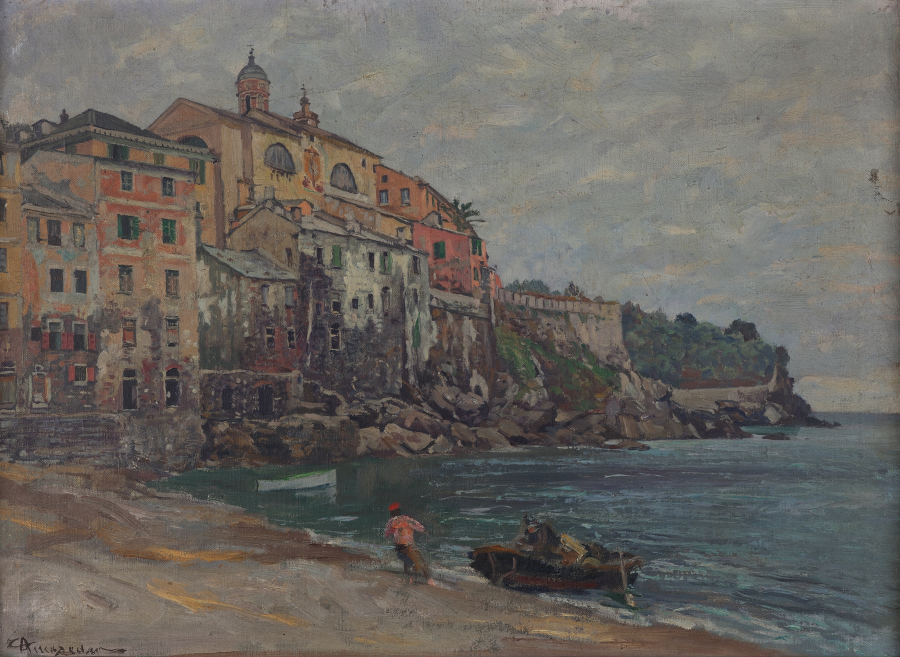 Italienische Stadt am Meer by Eduard Ameseder, oil painting of a coastal town with dramatic light.