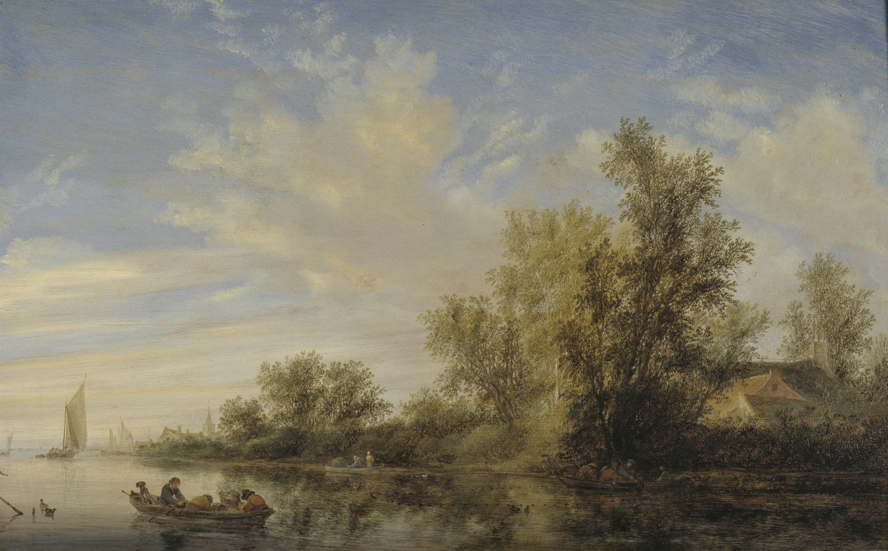 River Landscape by Jacob Salomonsz. van Ruysdael, oil painting depicting a serene river and trees