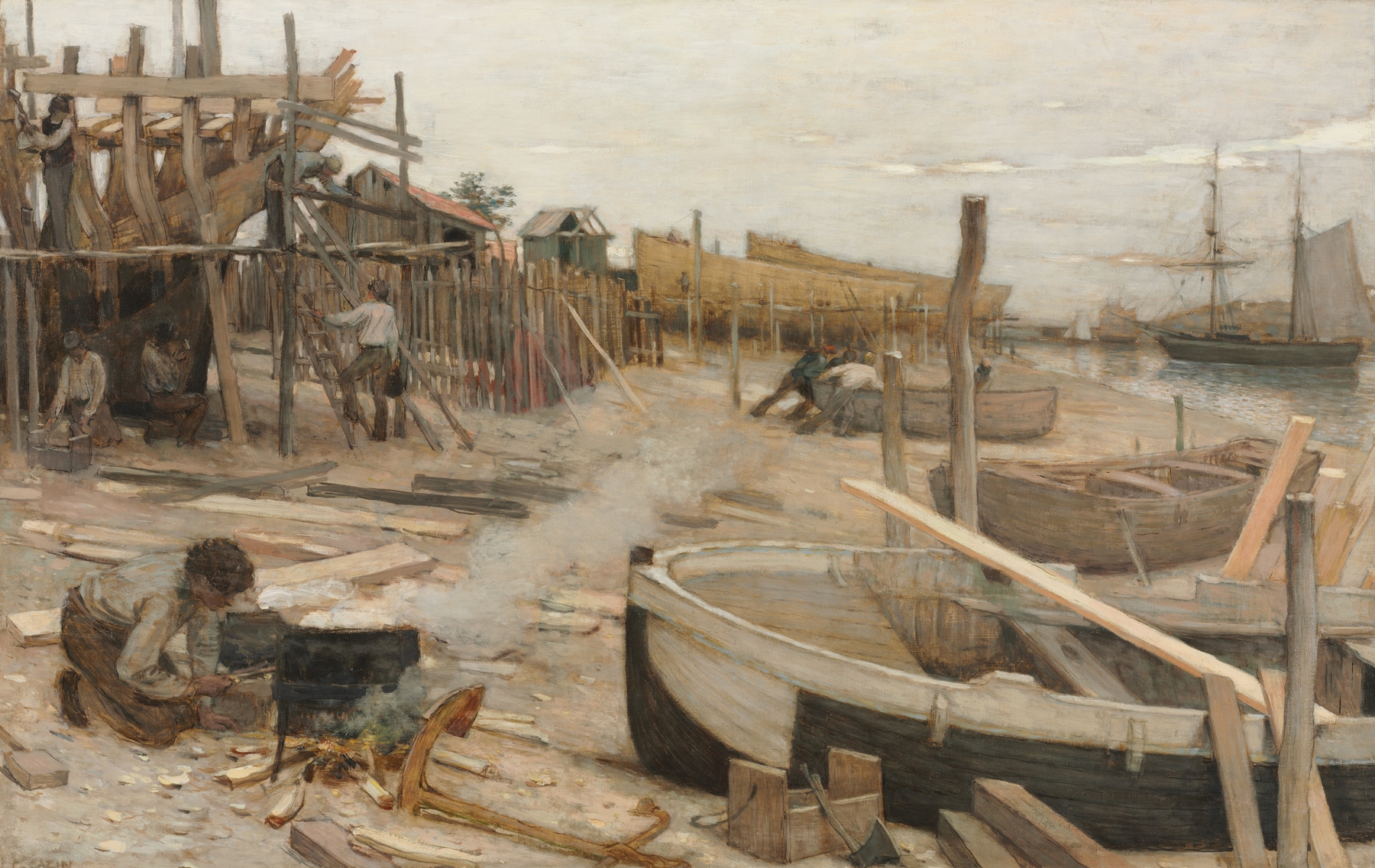 The Boatyard by Jean Charles Cazin, oil on canvas depicting tranquil water and vibrant hues.