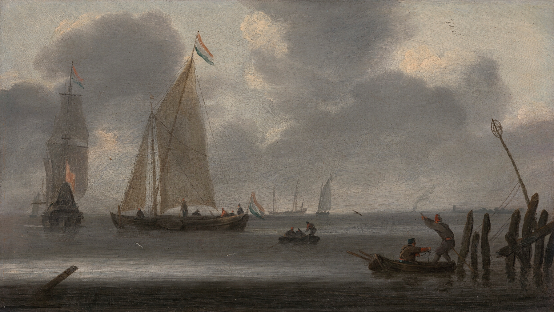 Marine scene with tranquil waters, oil painting by Julius Porcellis
