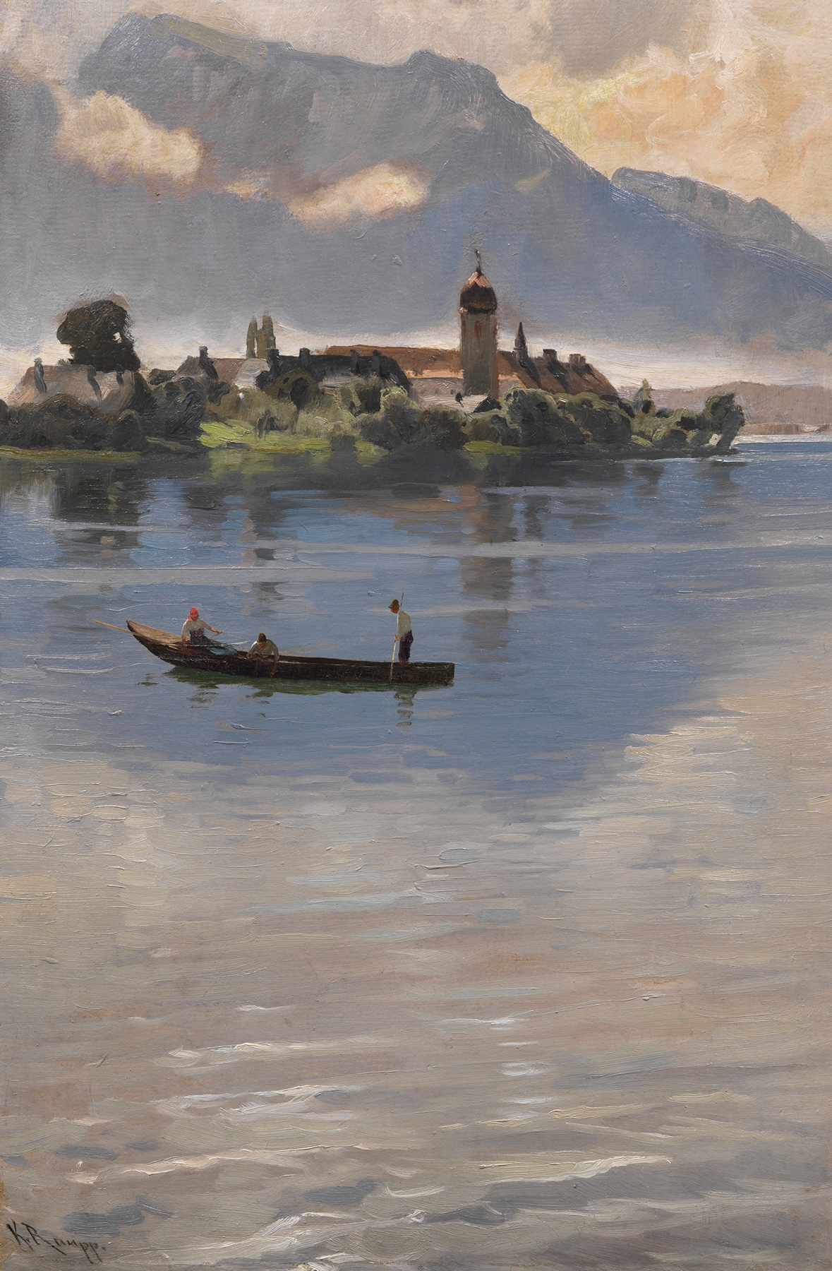 Kahnfahrt auf dem Chiemsee vor der Fraueninsel by Karl Raupp, oil painting of a serene lake landscape.