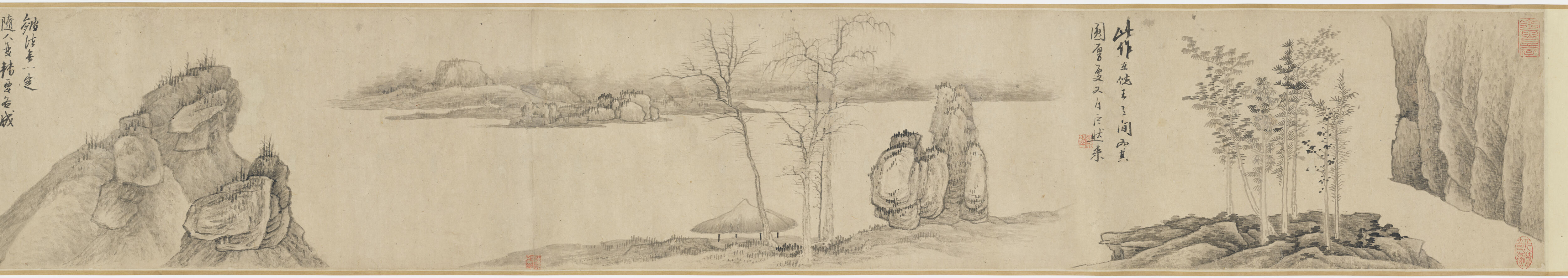 Landscape by Gong Xian, mid 17th century, ink on paper depicting misty hills.