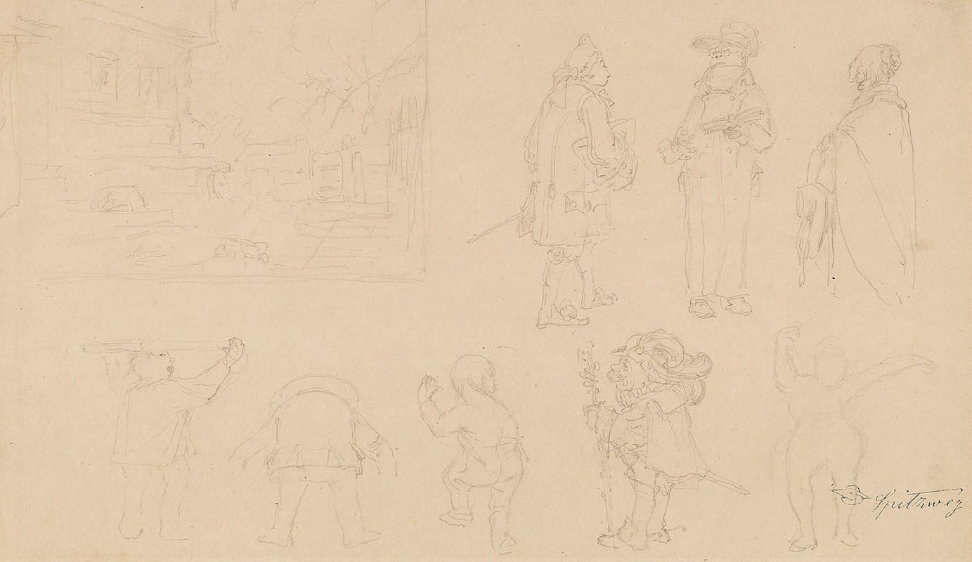 A sketch by Carl Spitzweg featuring gnomes and a garden scene.