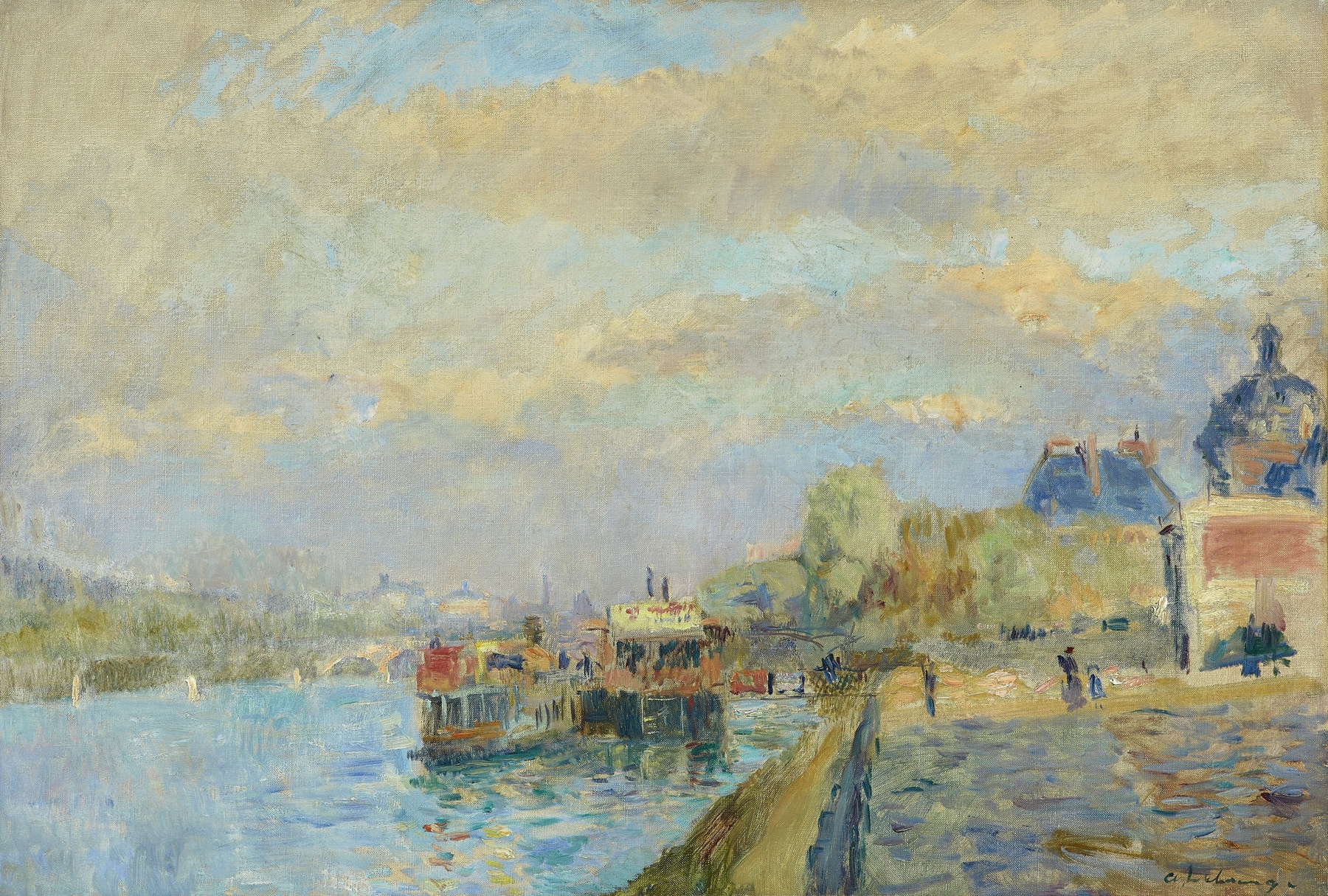 Marine scene with boats at a harbor, oil painting by Albert Lebourg