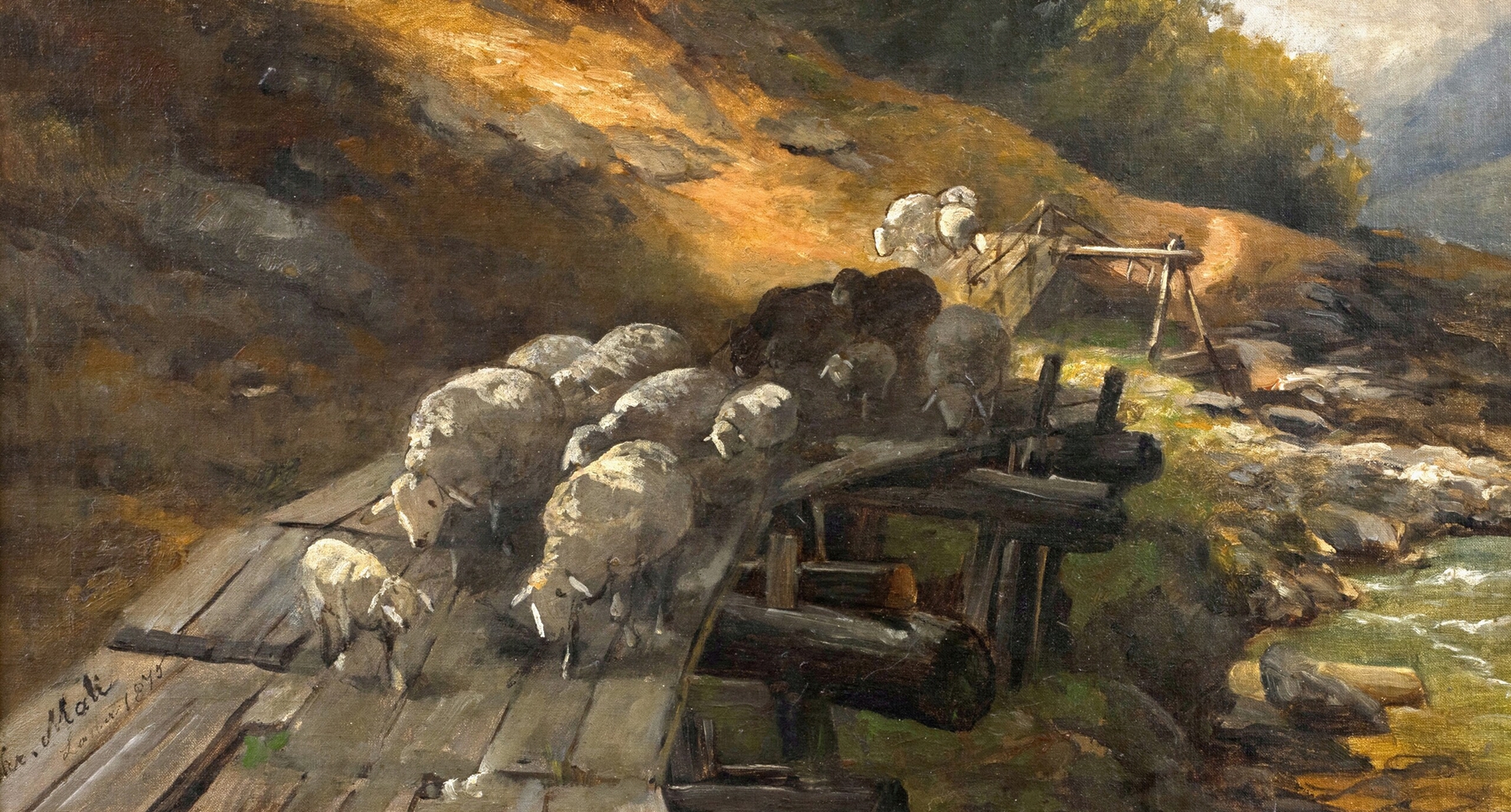 Flock of sheep in golden light, oil on canvas by Christian Mali