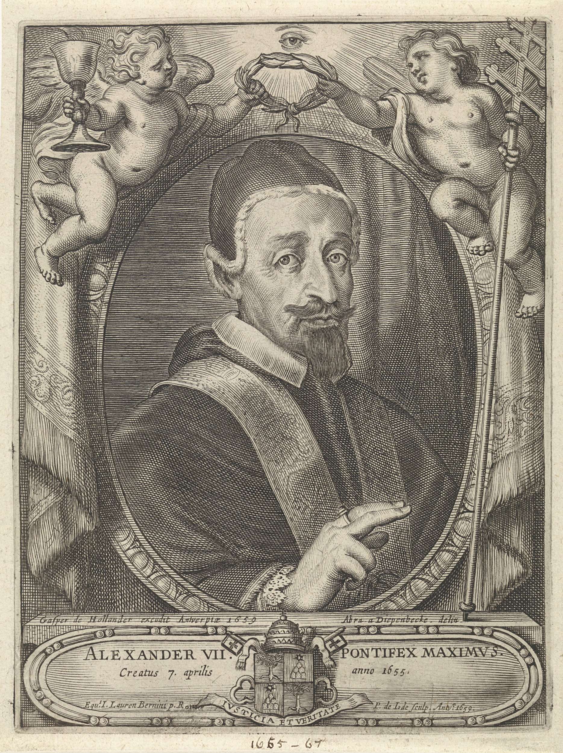 Engraving of Pope Alexander VII by Pieter de Jode (II) in rich robes with gold embroidery
