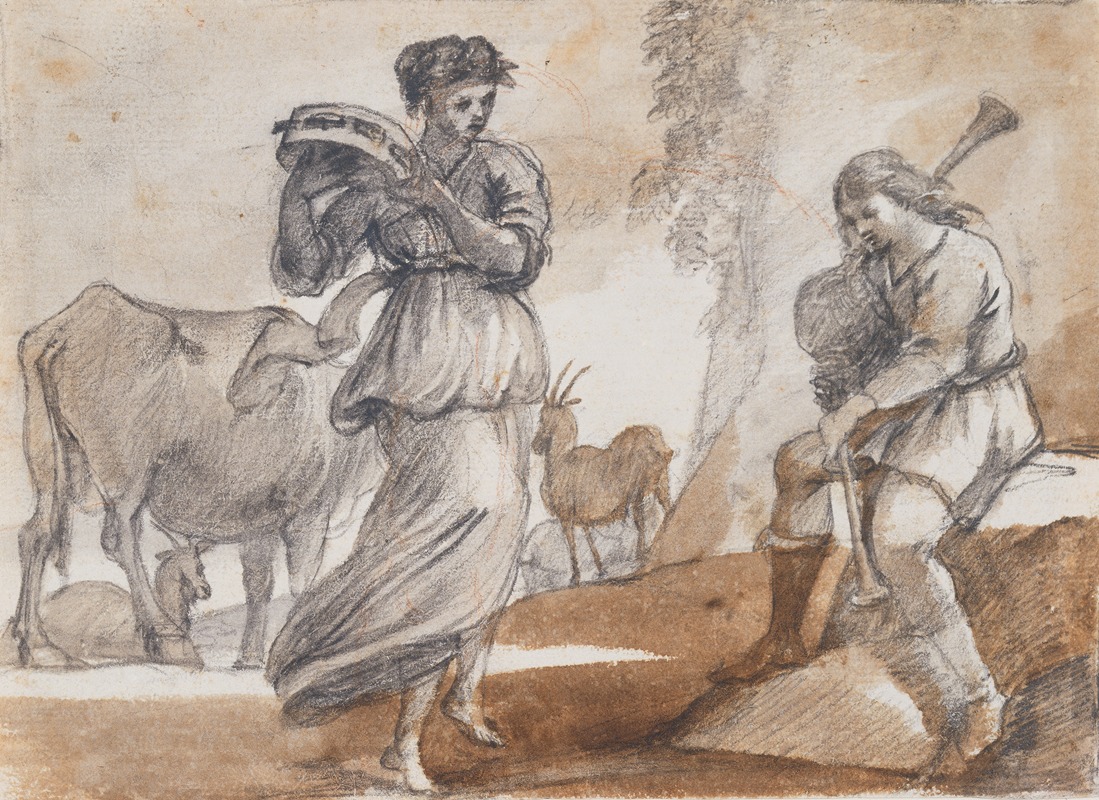 A lively scene featuring a dancer with a tambourine and a bagpiper.