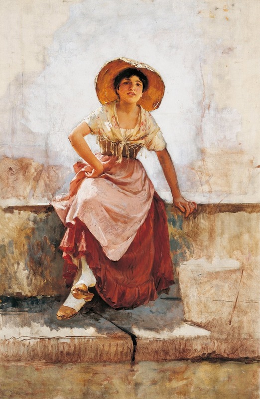 A young girl in traditional Florentine attire holds flowers in this painting by Frank Duveneck.