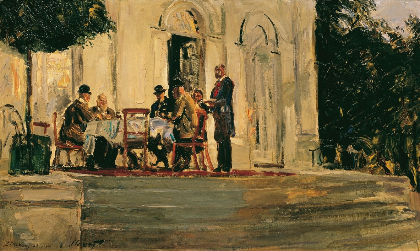 A scene depicting a social gathering on a terrace.