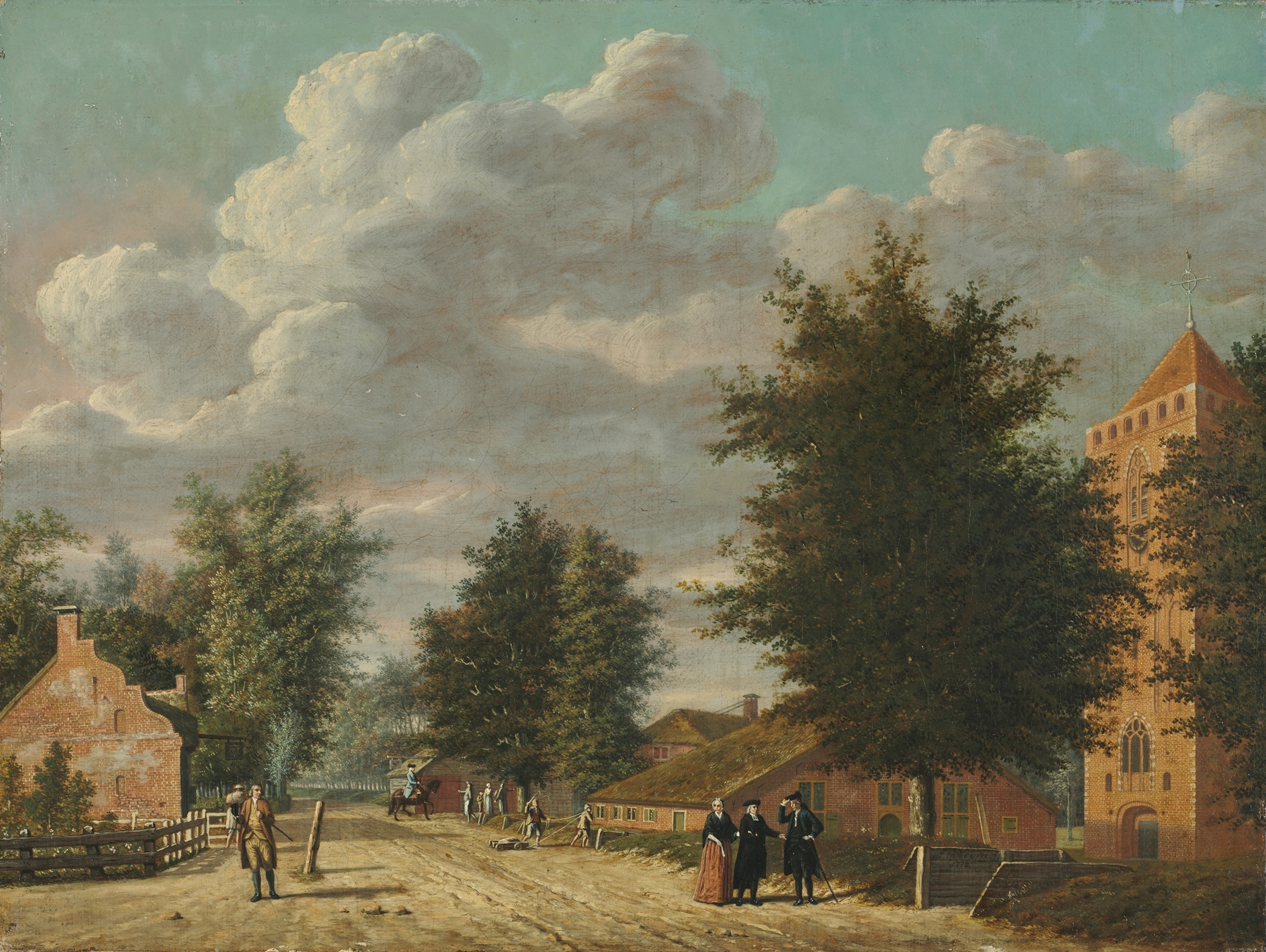 View of the Village of Eemnes by Jordanus Hoorn, depicting villagers by a stream.