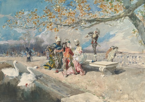 A vibrant scene of masked figures at a festive gathering.