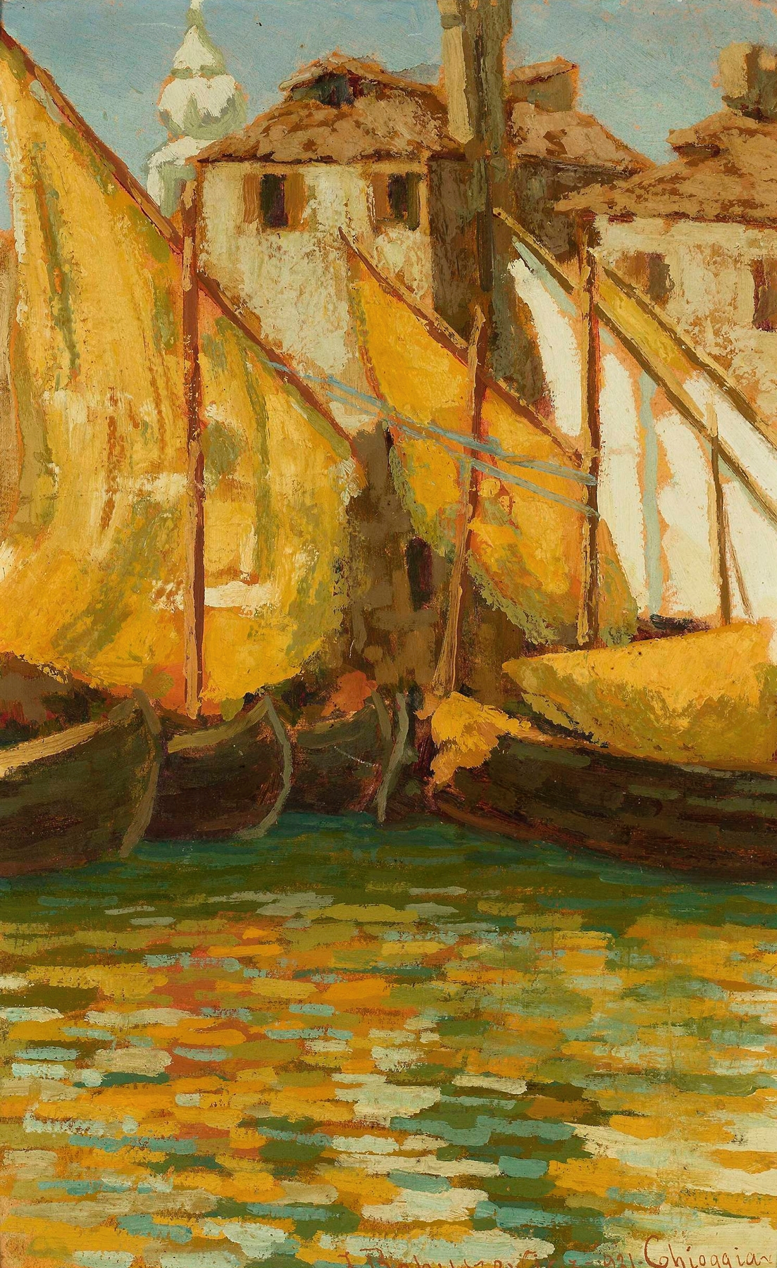 Sails in the sunshine – Chioggia by Jan Bohuszewicz, impressionism, depicting boats under sunlight on water