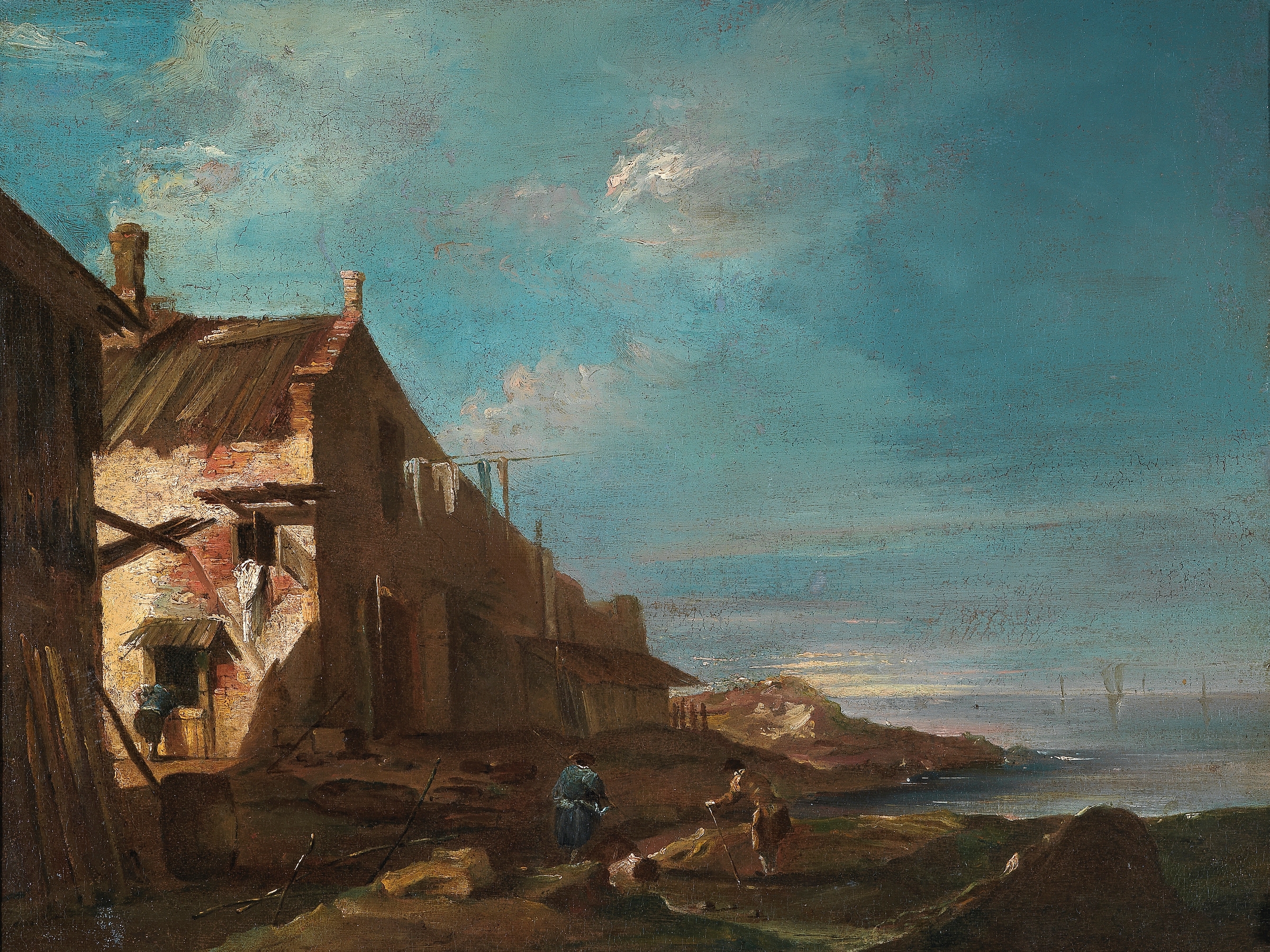 A Coastal Architectural Capriccio by Francesco Guardi, oil on canvas depicting coastal architecture and light.
