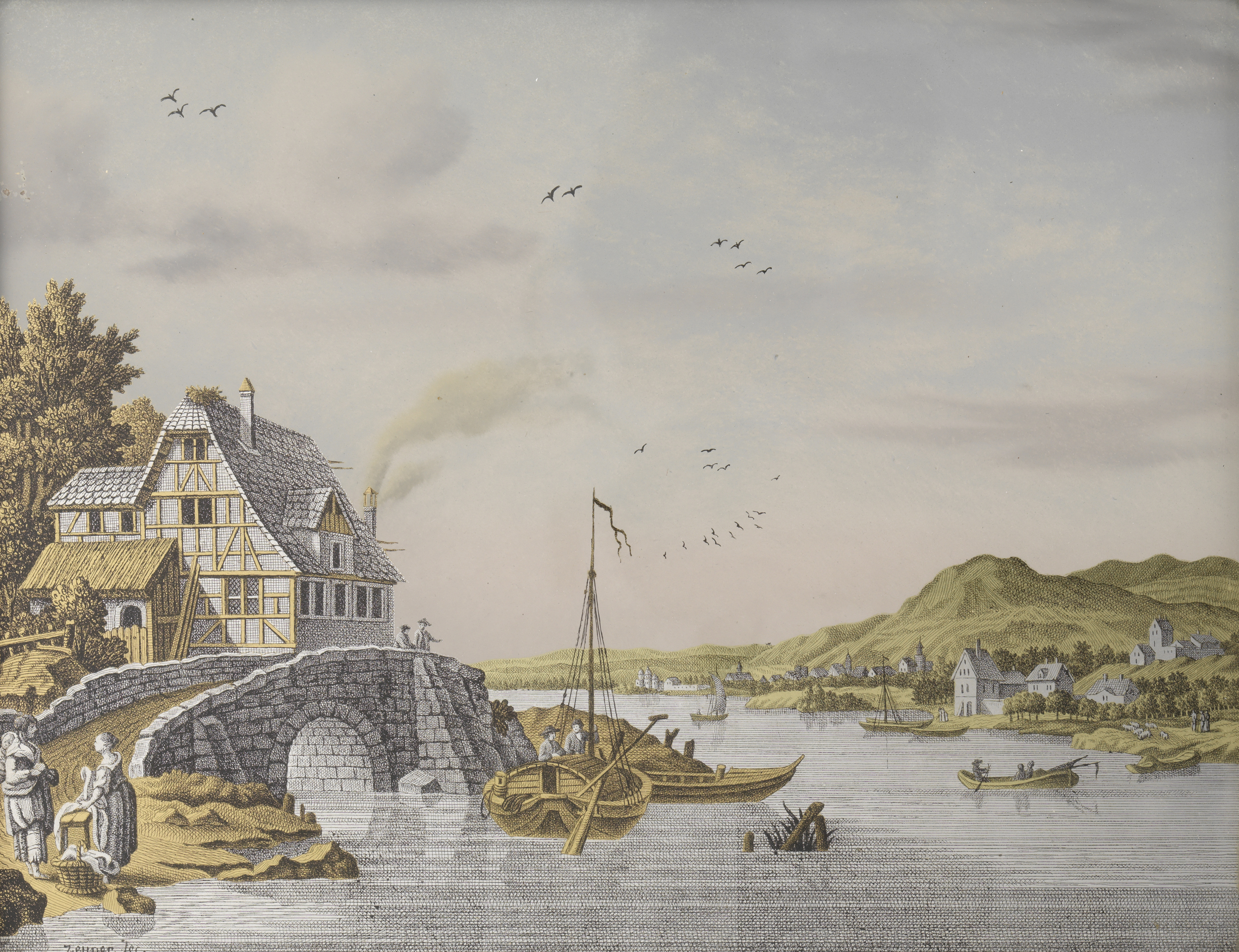 Houses along a river, oil painting by Jonas Zeuner, depicting a tranquil landscape with reflections.