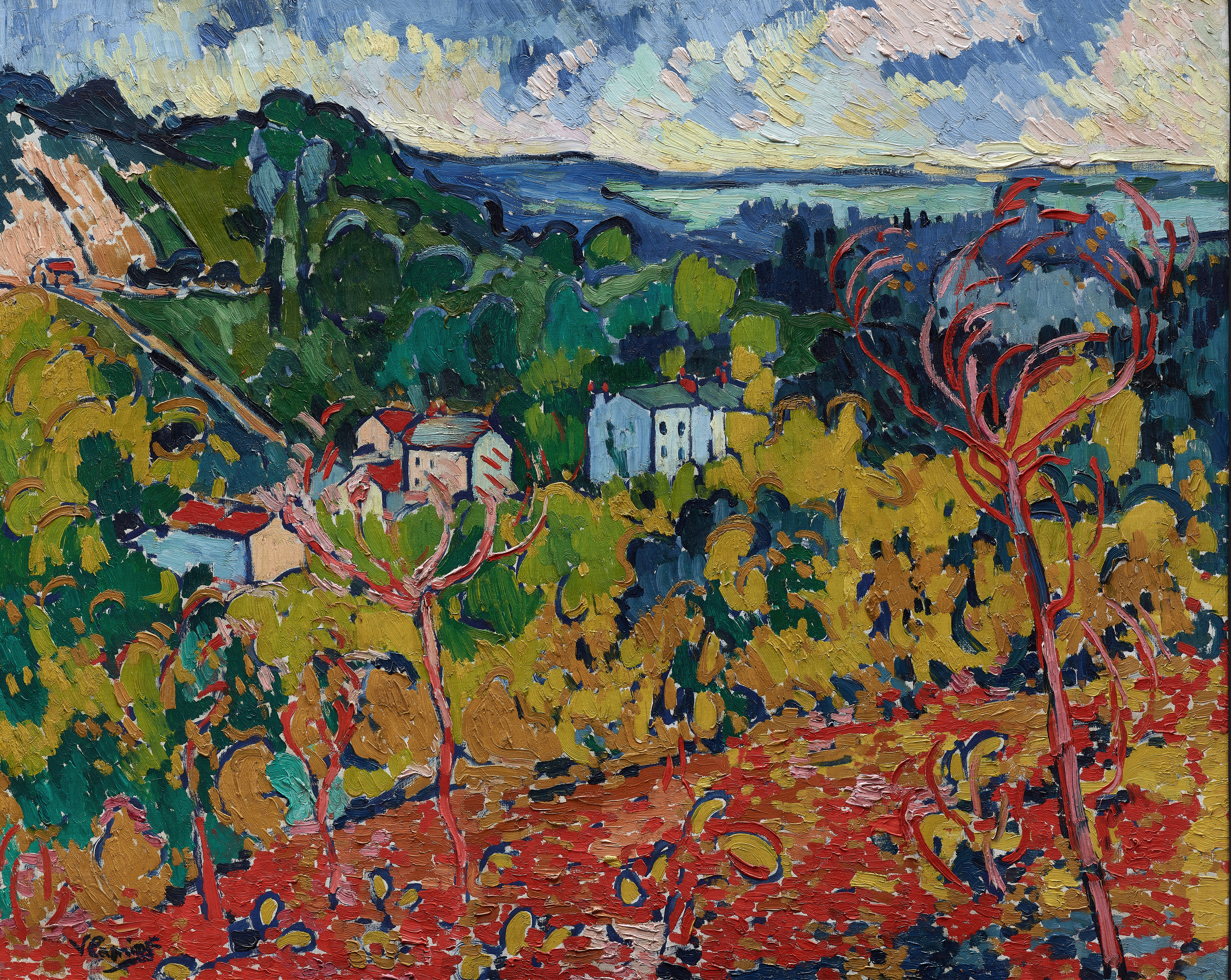 Bougival by Charles Manger, oil on canvas depicting a tranquil river at twilight.