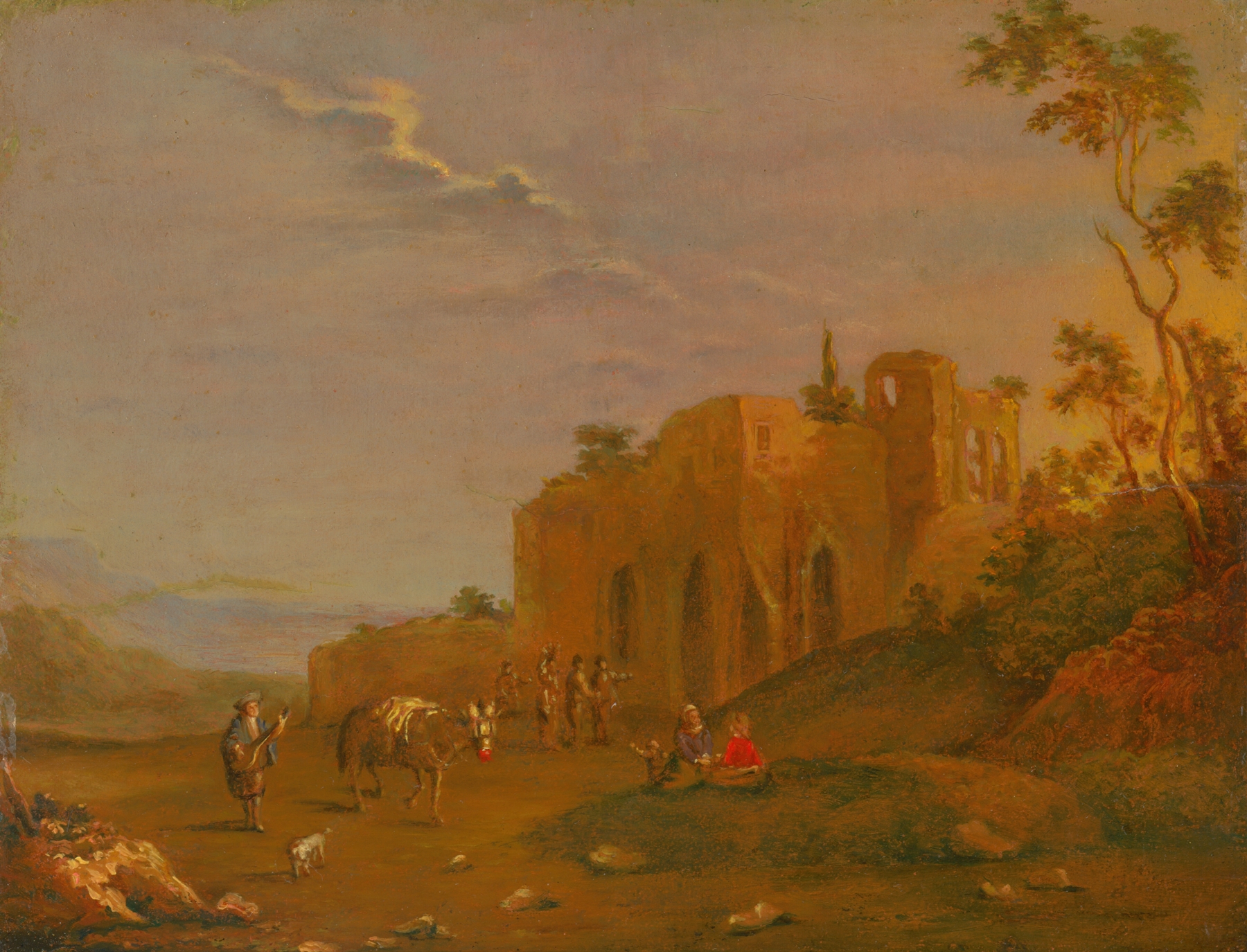 Rococo landscape oil painting by Norbert Joseph Carl Grund depicting a misty morning.