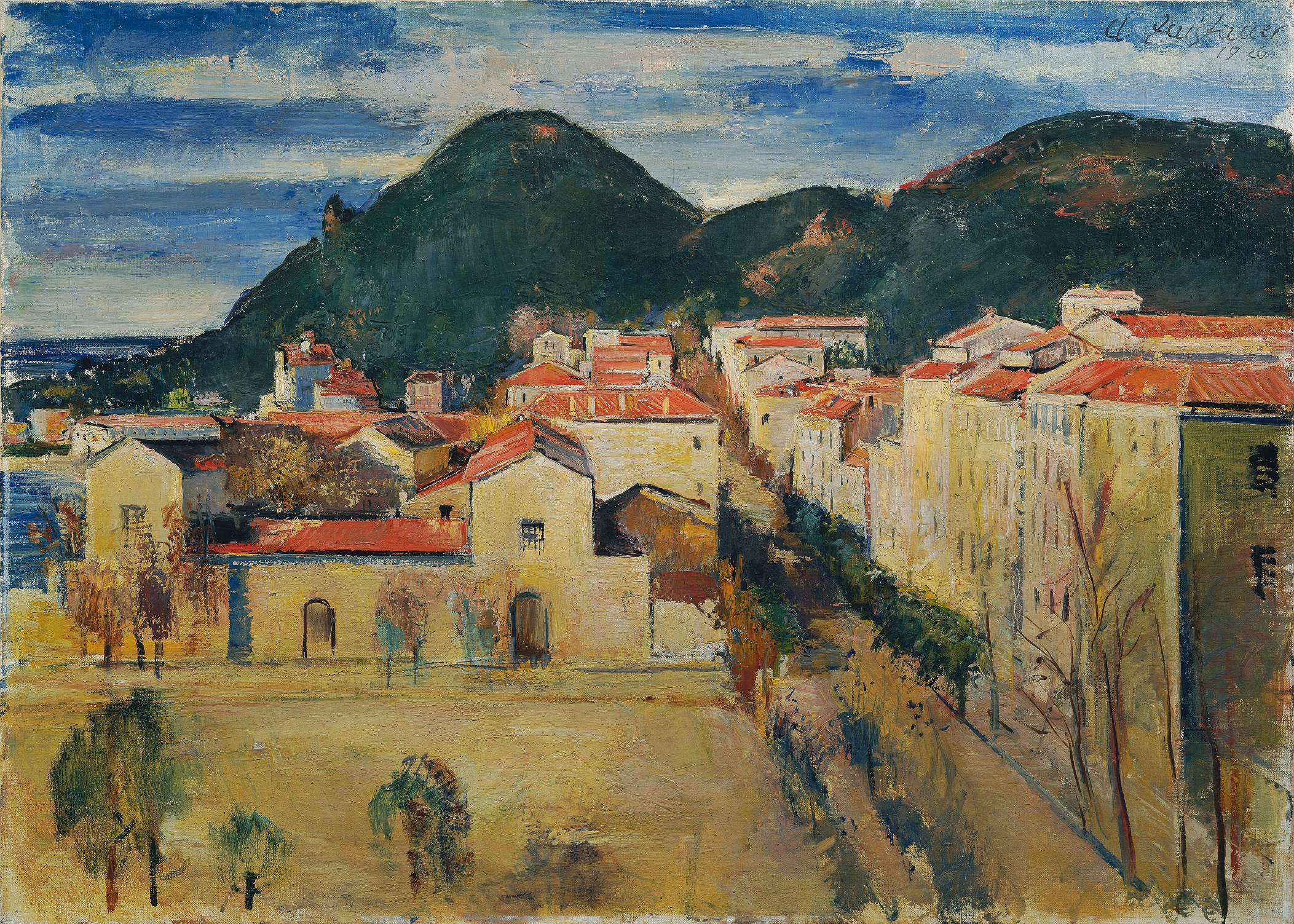 Ajaccio by Anton Faistauer, oil on canvas depicting a tranquil sea and rocky cliff at twilight.