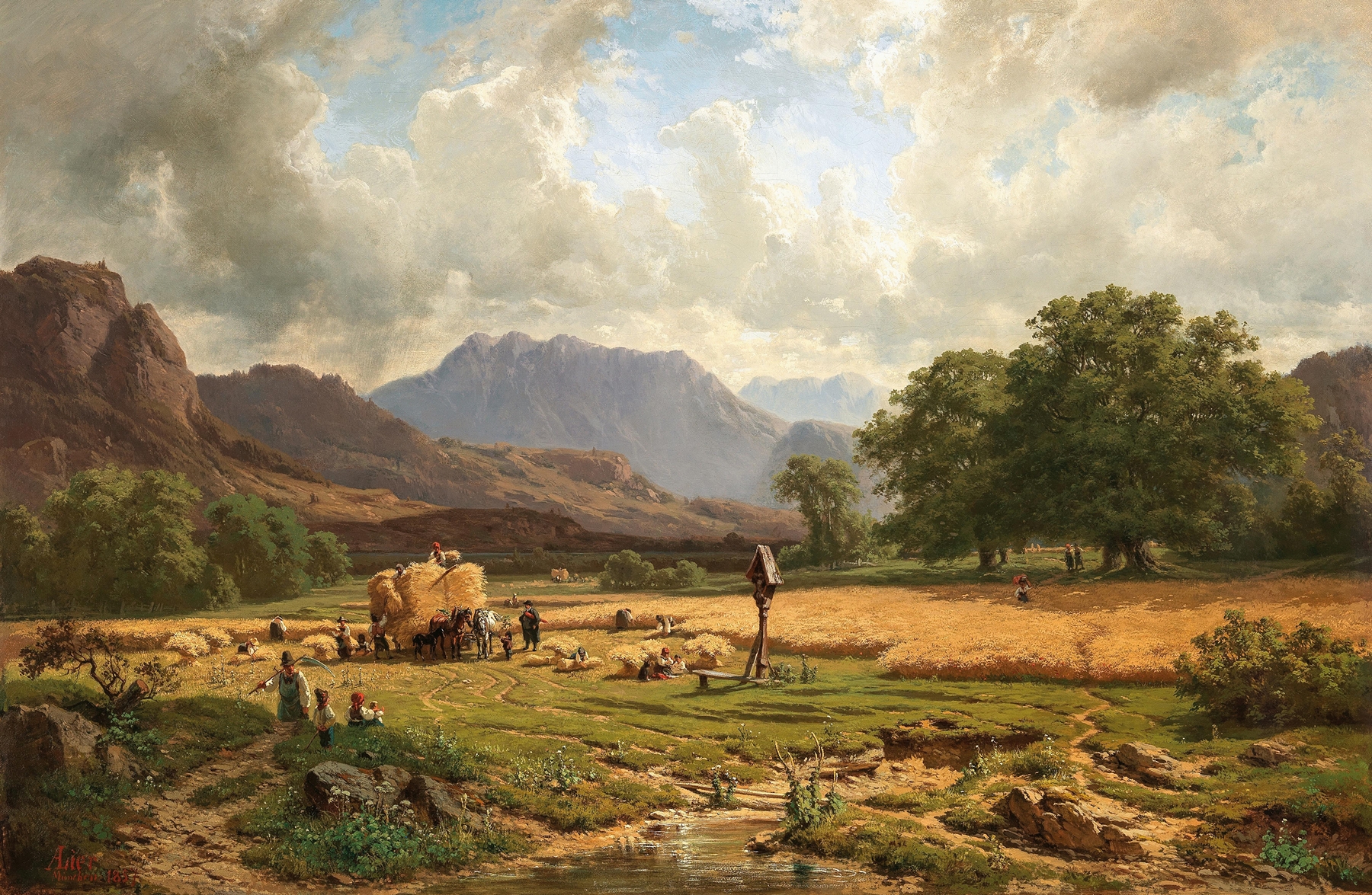 Grain Harvest in the Mountain by Adolf Heinrich Lier, oil painting depicting laborers in golden fields.