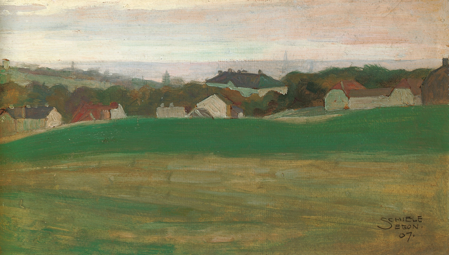 Wiese mit Dorf im Hintergrund II, by Egon Schiele, public domain