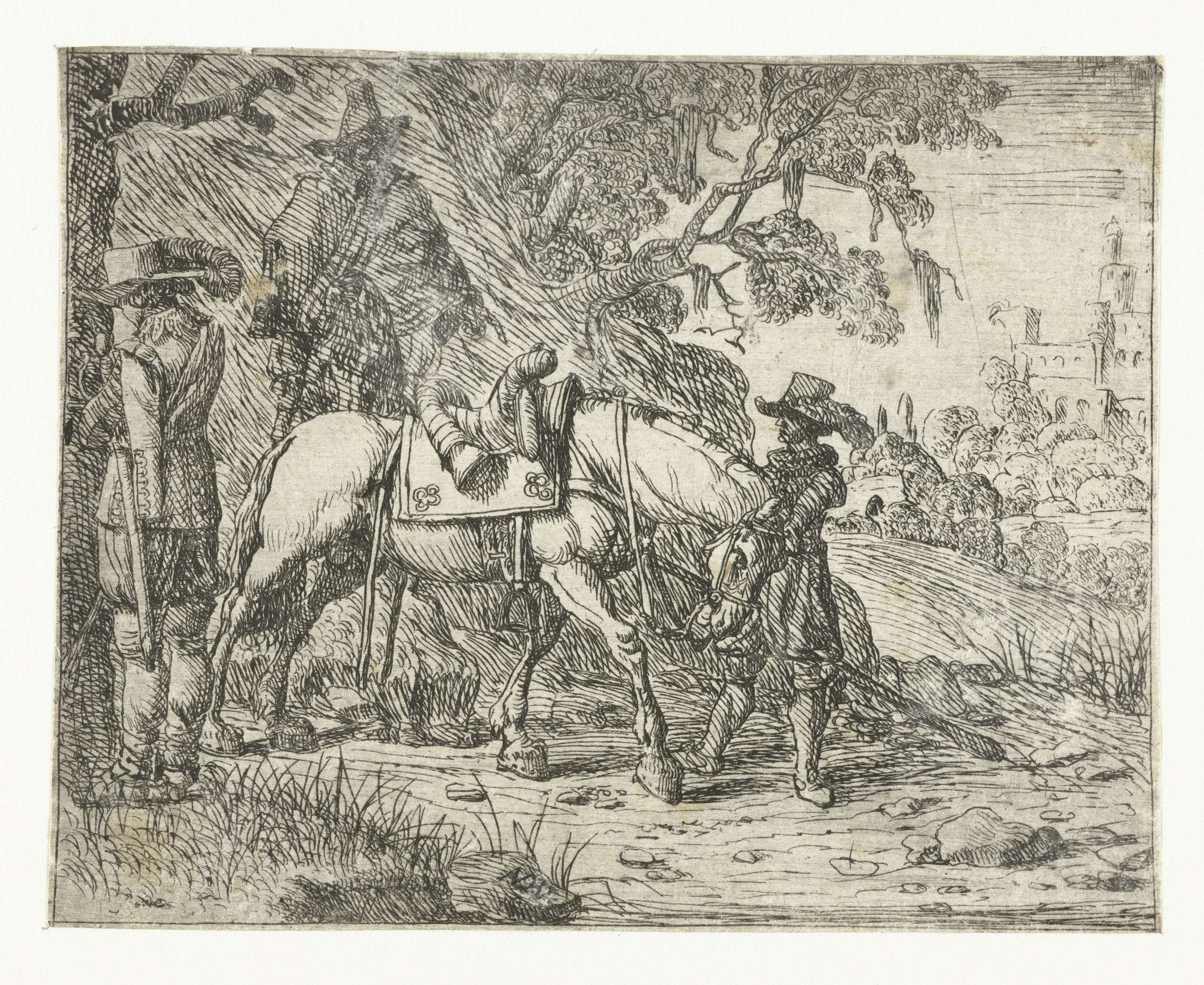 Etching by Pieter Bodding van Laer depicting a rider with a resting horse.