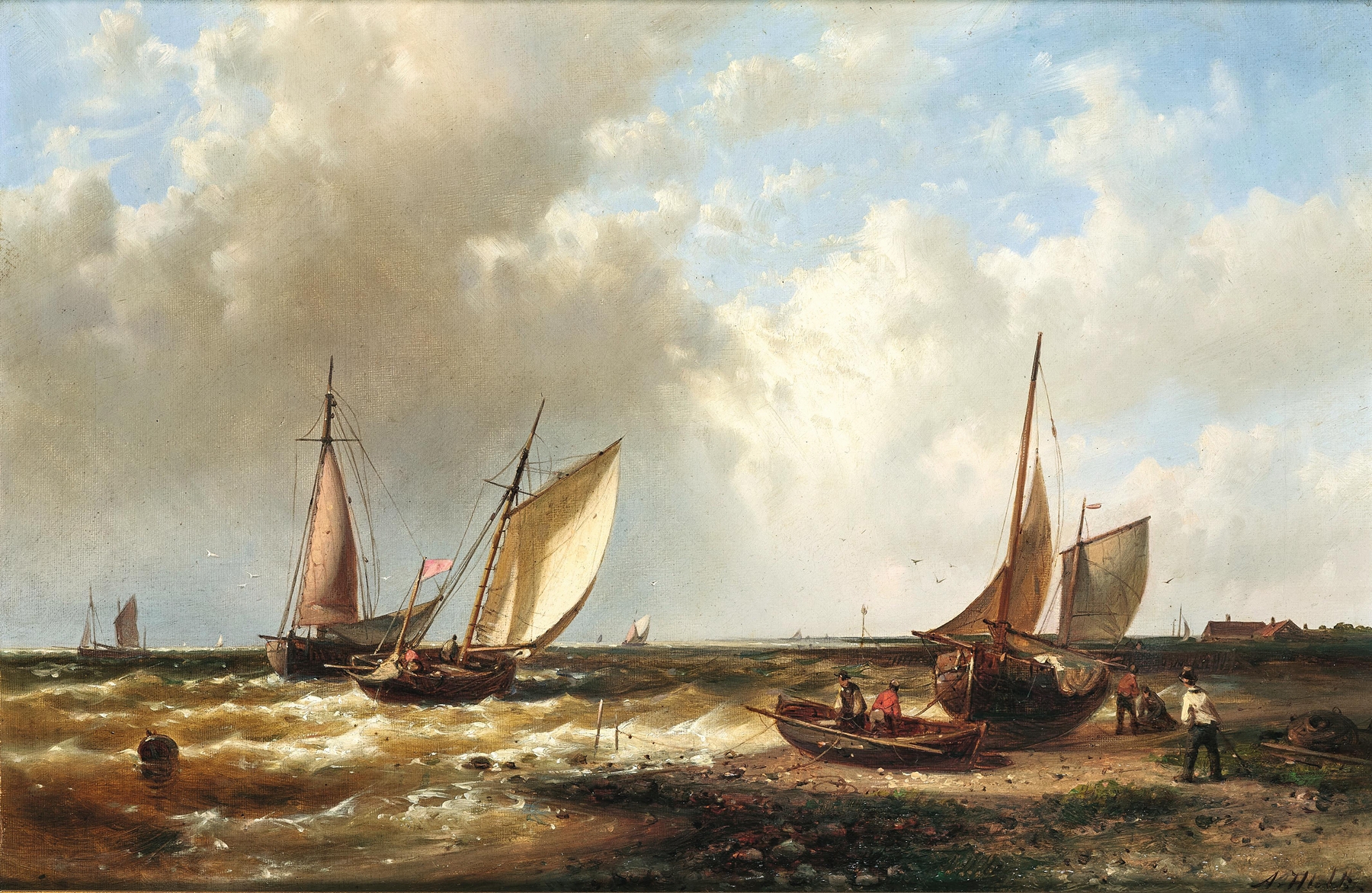 Fishermen at the Seaside by Abraham Hulk, realism, depicting fishermen by the ocean