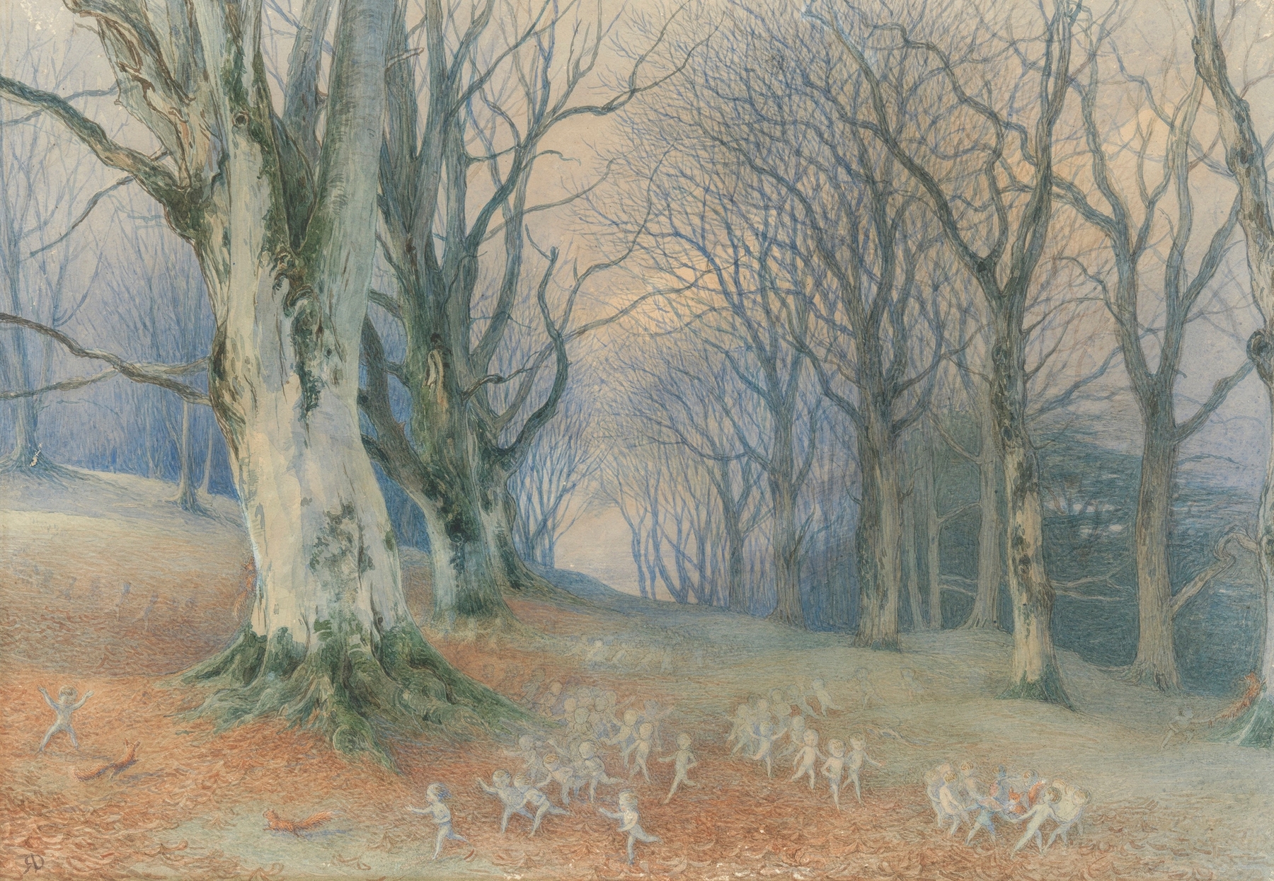 Victorian illustration by Richard Doyle featuring fairies and squirrels in a forest