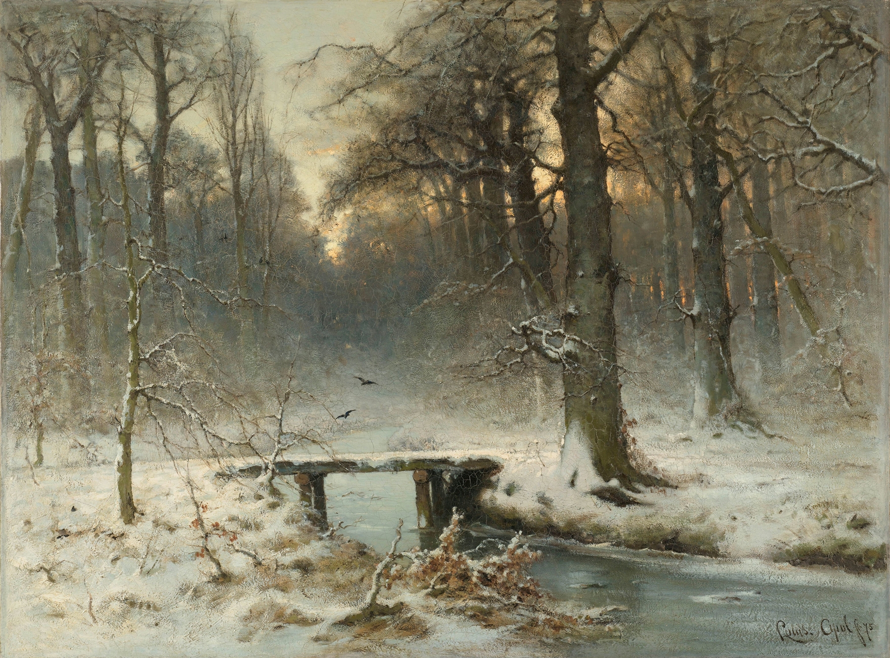 Winter landscape with snow-covered ground and tall pines, oil painting by Louis Apol