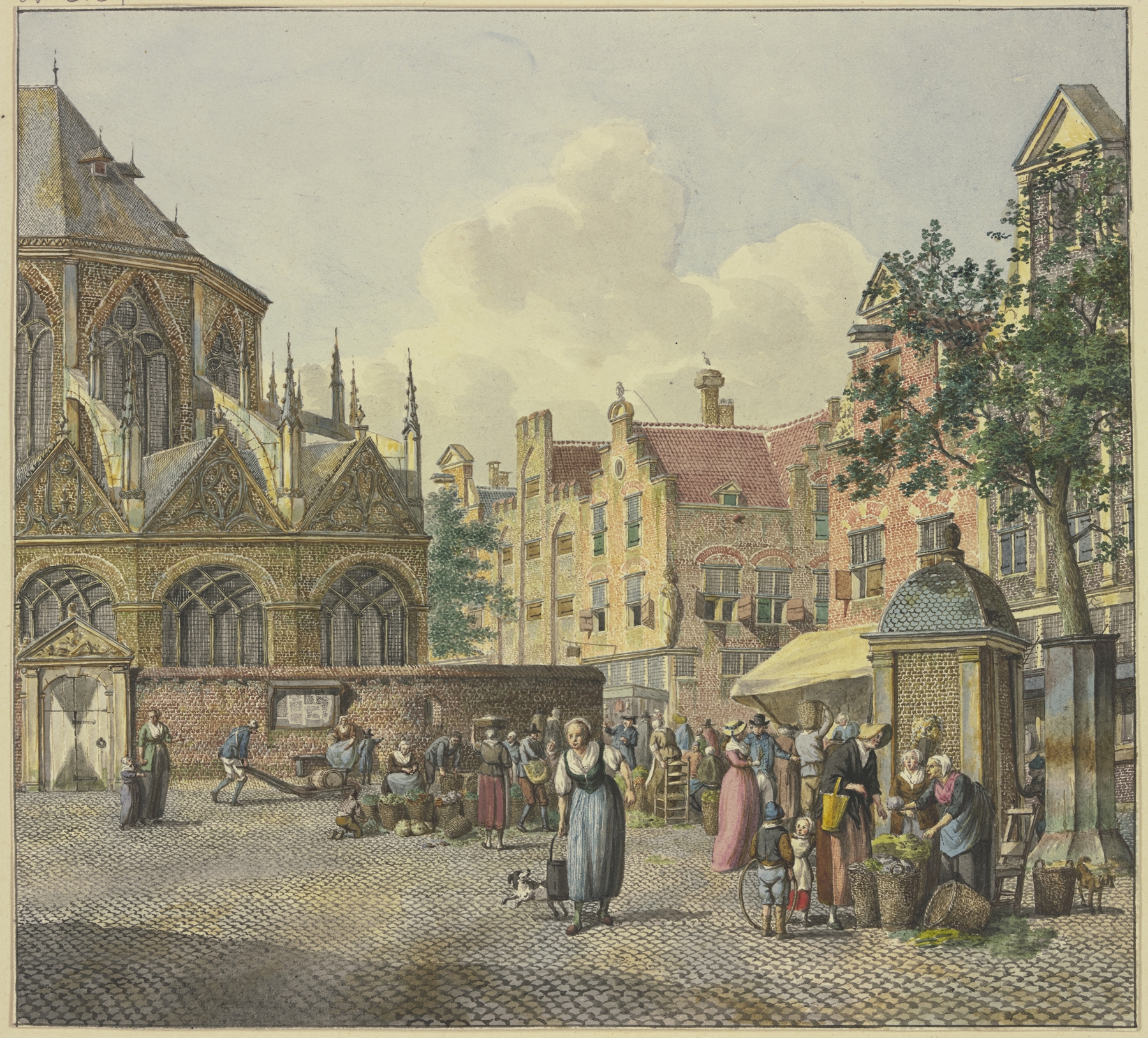 Genre scene with church and vegetable seller, oil on canvas by Johannes Huibert Prins