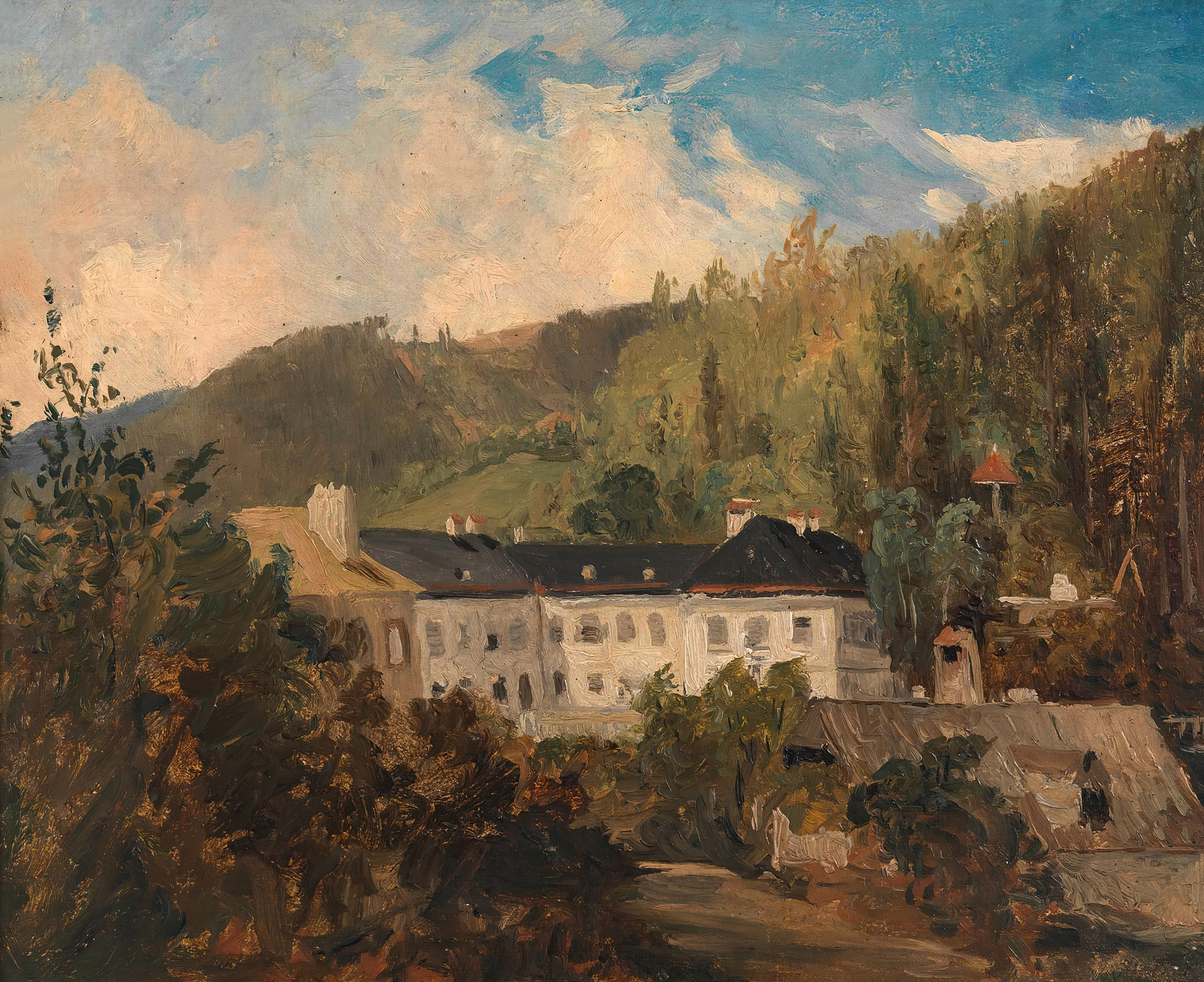 Oil painting by Adalbert Stifter depicting a tranquil path through a forest