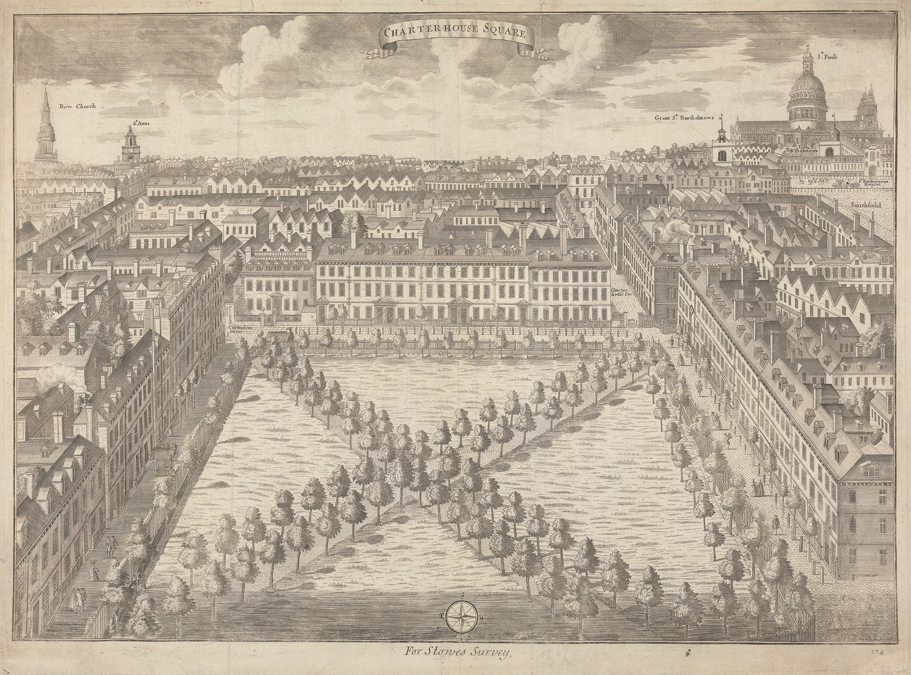 Engraving by Sutton Nicholls depicting a tranquil landscape with lush grass and soft light.