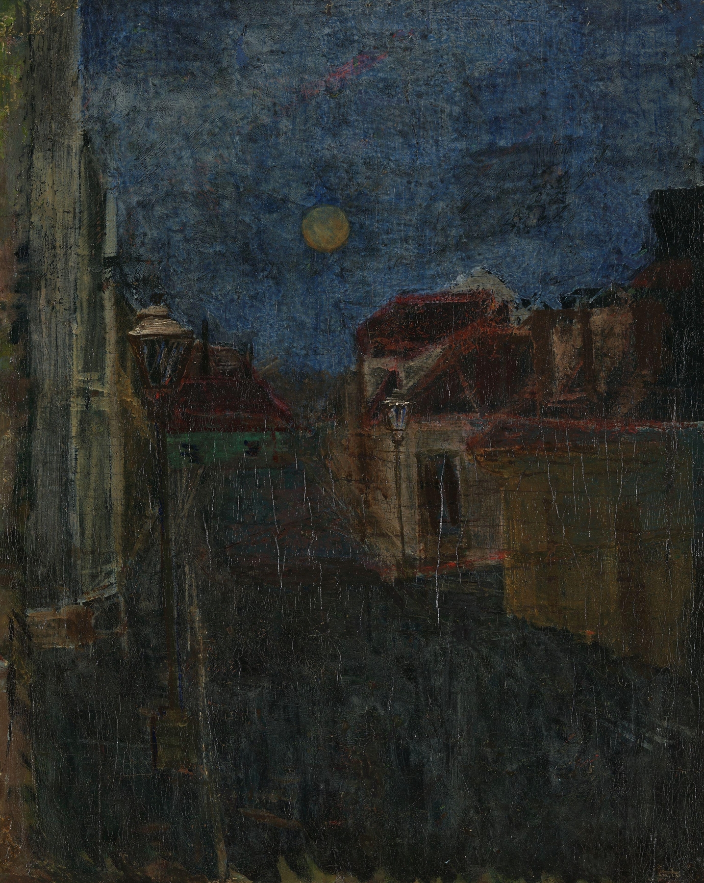 Landscape with twilight cityscape and streetlights by Harald Sohlberg, oil painting