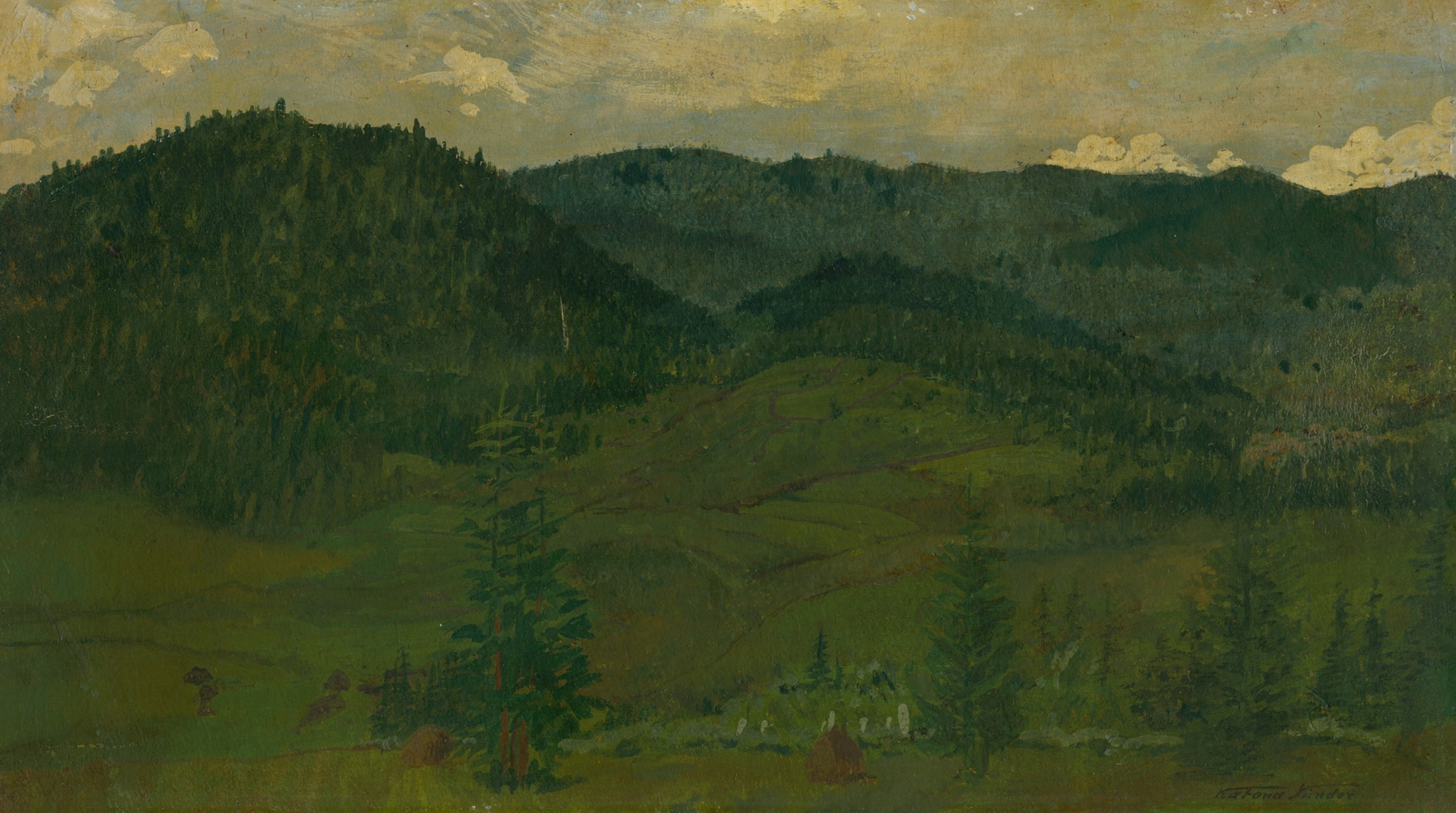 Mountain landscape oil painting by Ferdinand Katona with peaks and a blue sky