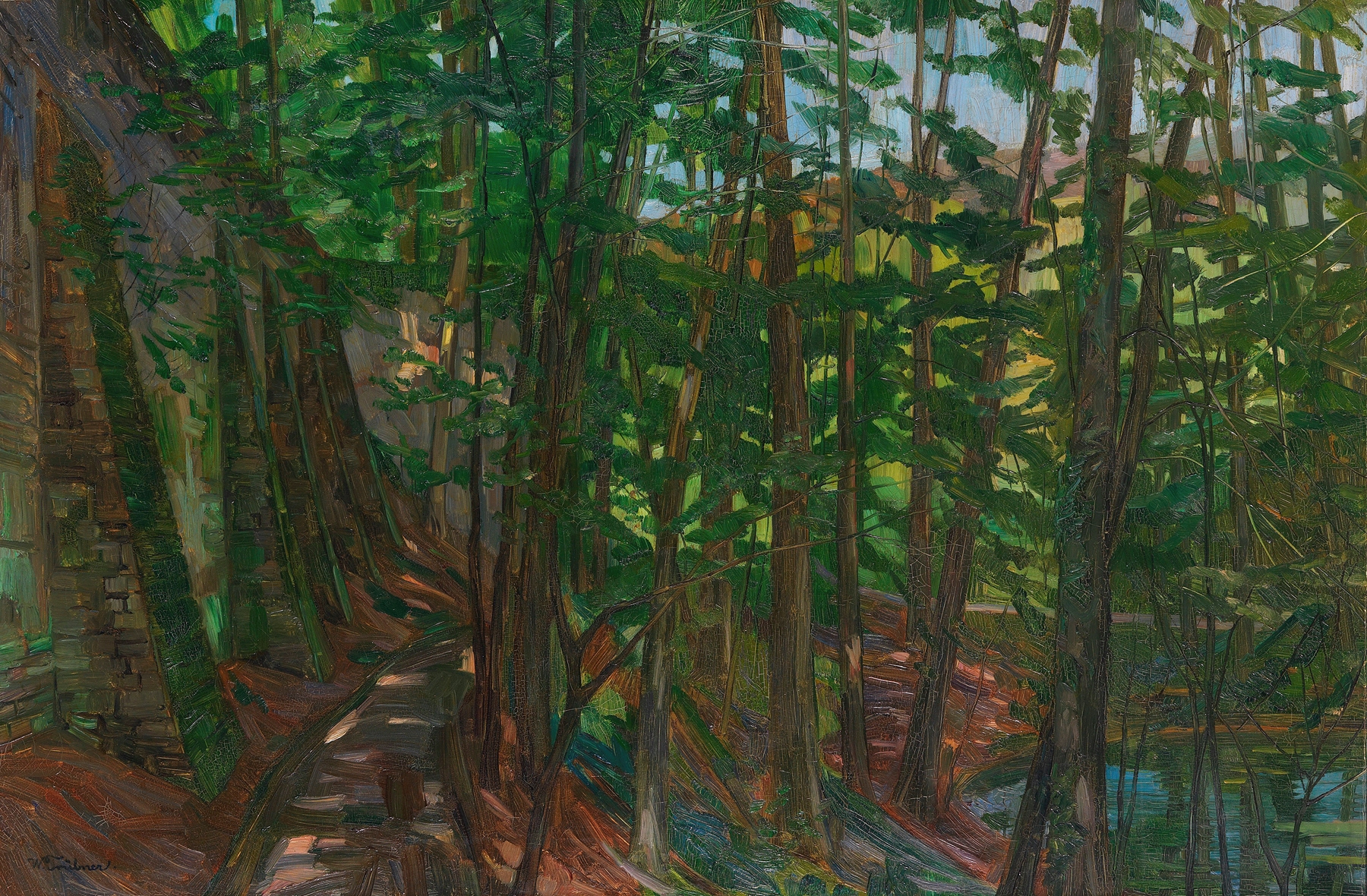 Serene pond reflecting nature in oil on canvas by Wilhelm Trübner