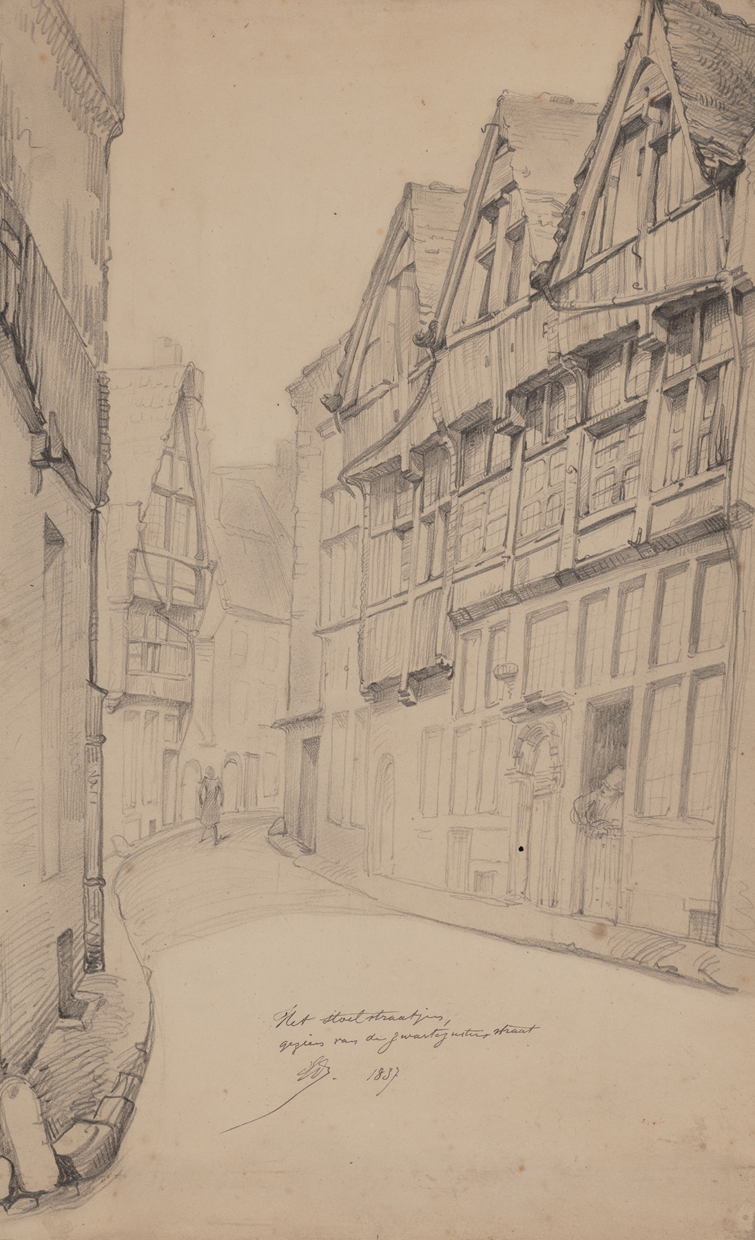 Genre scene depicting a quiet urban street with modest houses by Edward Dujardin, oil painting.